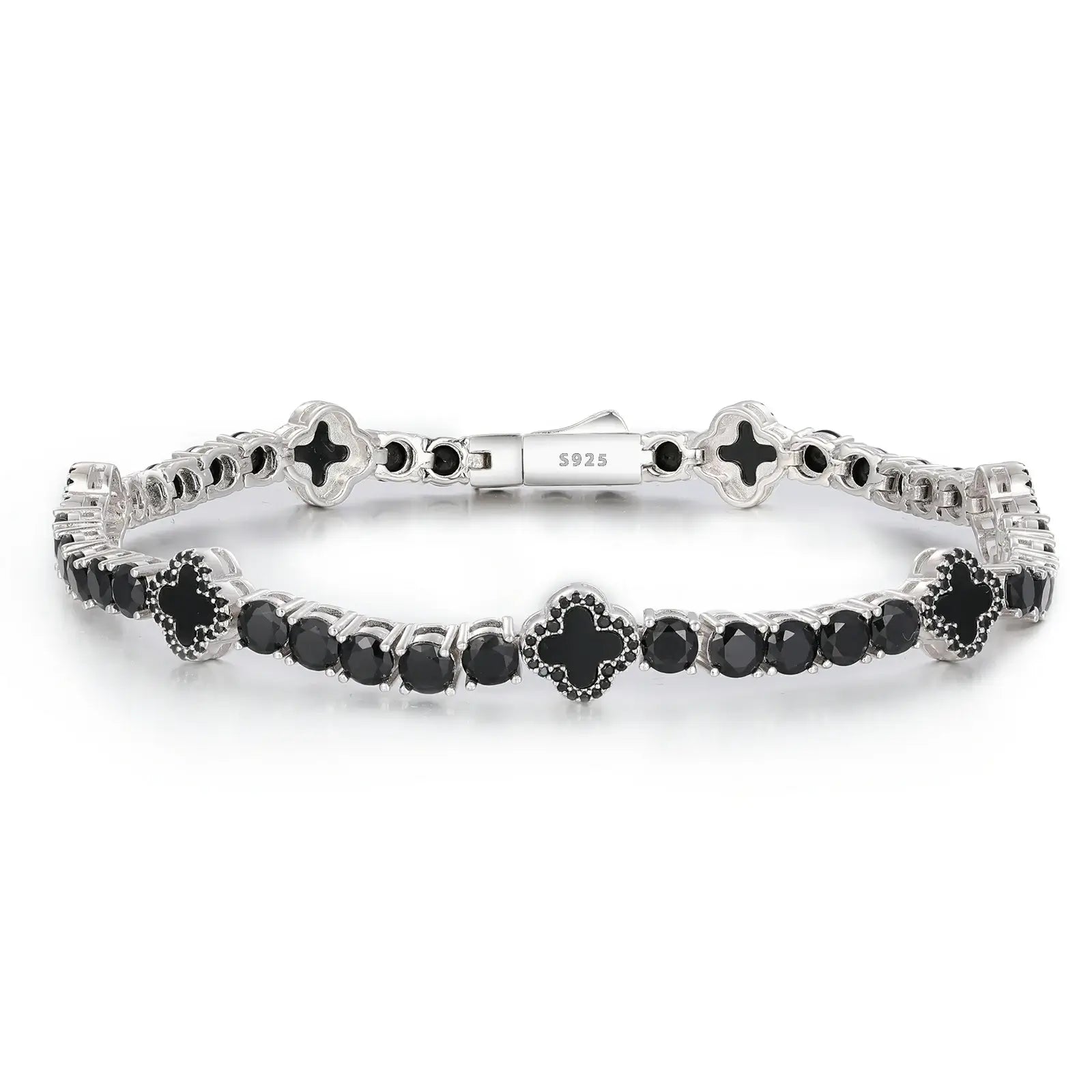Black agate four leaf clover 4mm 925 sterling silver moissanite tennis bracelet — features agate detail, moissanite sparkle, hypoallergenic 925 silver, luxury design