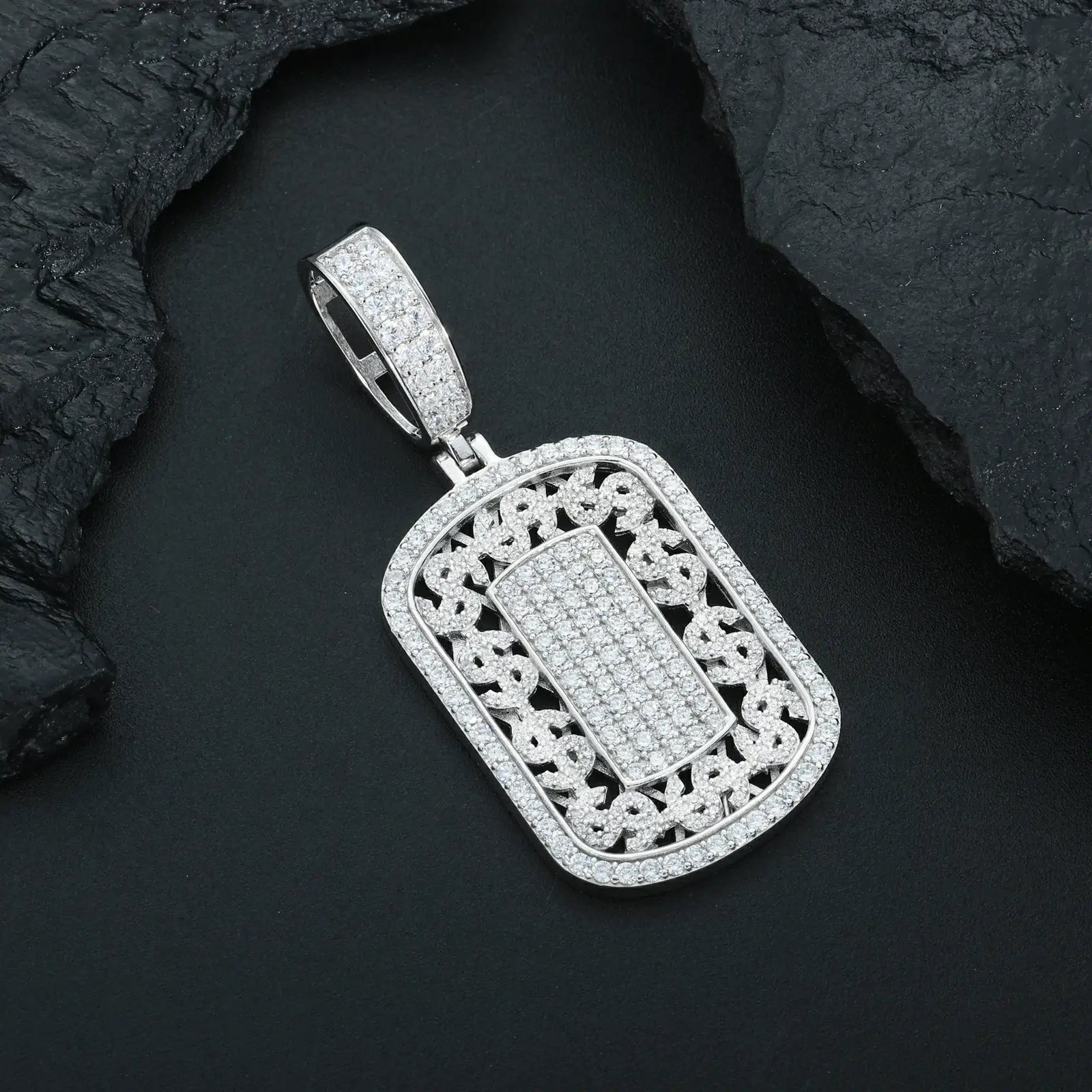 Close - up white gold 925 sterling silver moissanite US dollar dog tag pendant on black table — showcasing moissanite sparkle & craftsmanship
