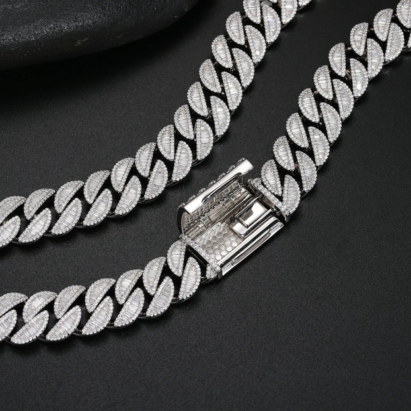 Close-up of 15mm white gold 925 silver baguette moissanite Cuban link bracelet clasp — secure fit, hypoallergenic 925 silver build