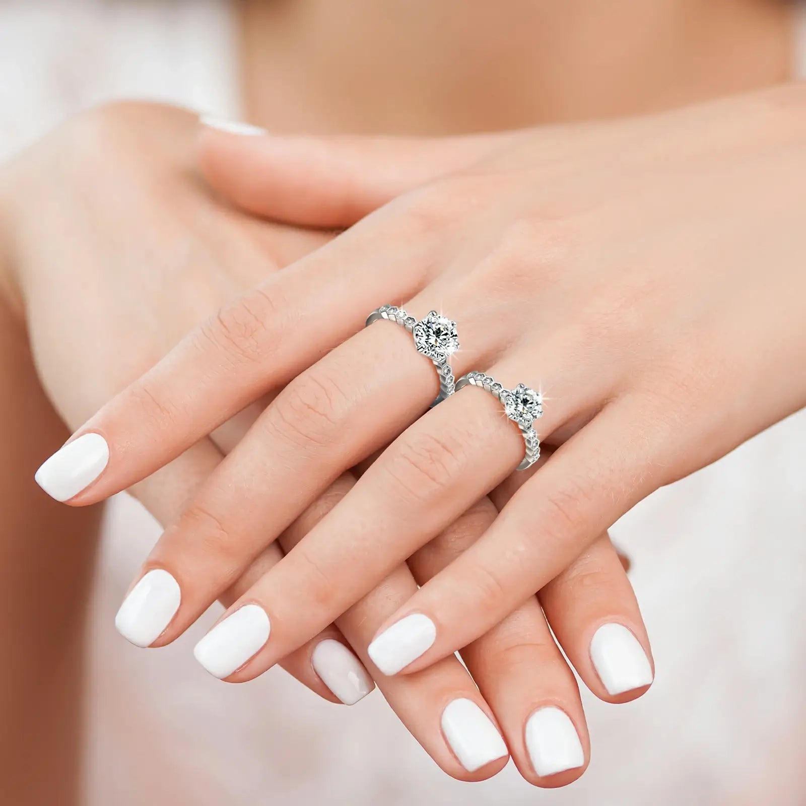 Female model wearing white gold S925 moissanite eternal nine stars engagement ring — elegant wear, hypoallergenic 925 silver, diamond-like sparkle