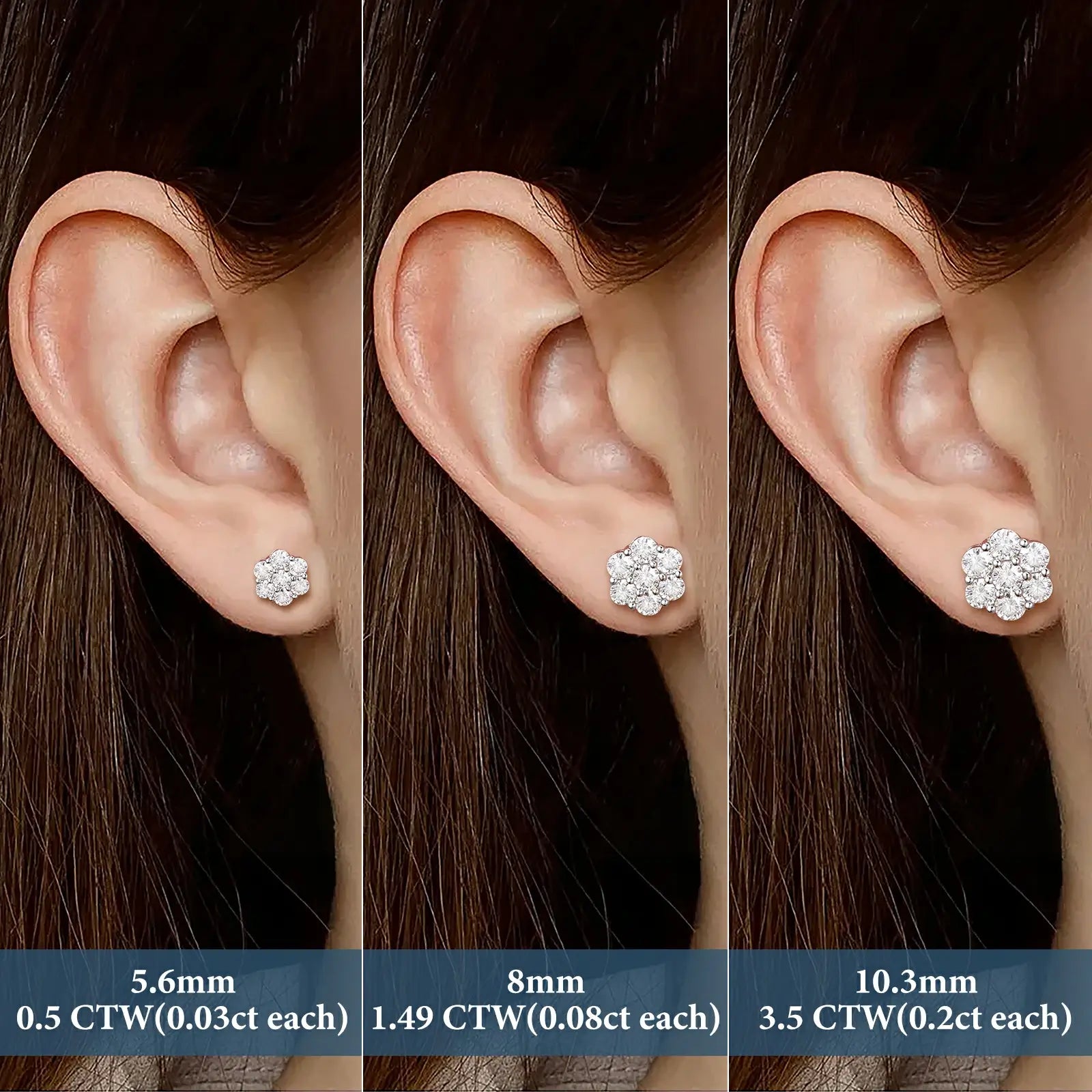 Floral radiance 7-stone flower stud earrings multi-size wearing comparison — helps choose size, moissanite brilliance, 925 silver wearability