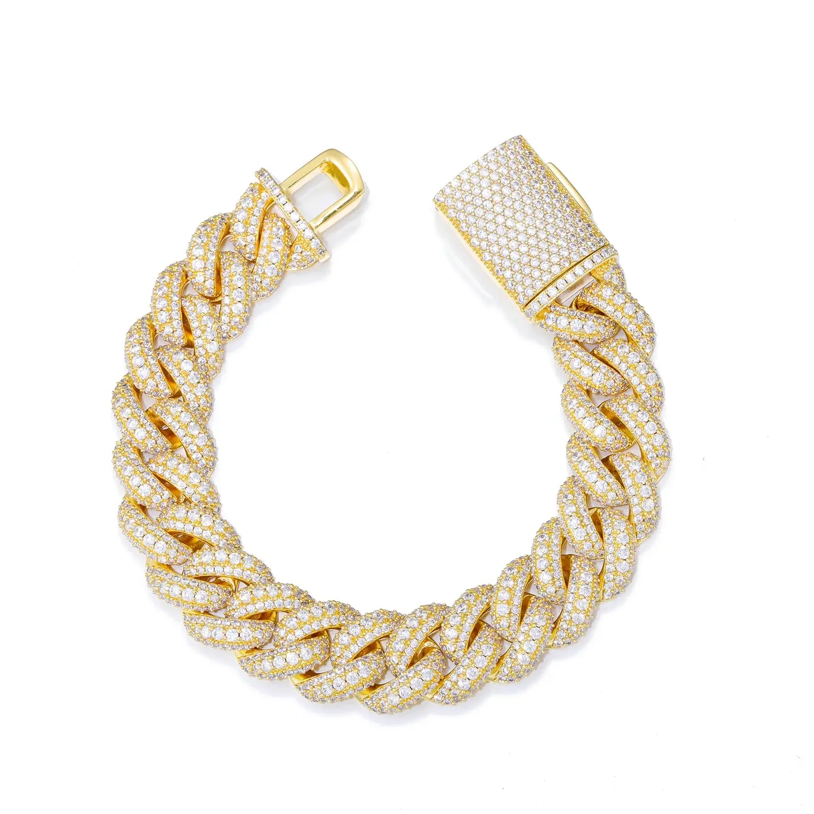 Gold 15mm 925 sterling silver 3 rows moissanite bubble Cuban link bracelet on white background — showcases gold finish, 3-row bubble detail, moissanite brilliance, Cuban link legacy