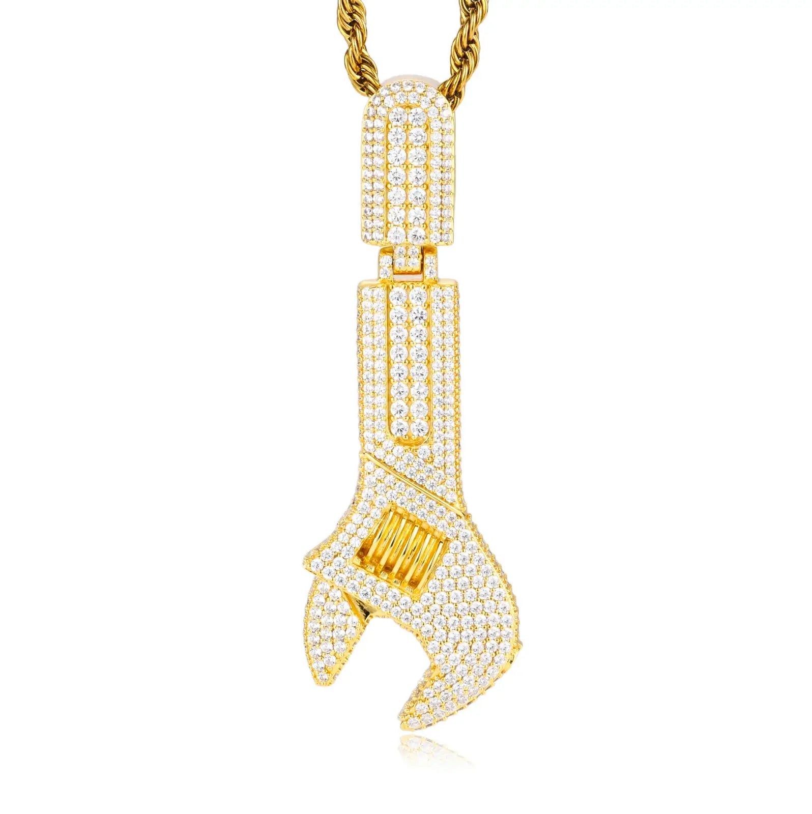 Gold 925 sterling silver moissanite wrench pendant with twisted chain — gold-plated 925 silver, full moissanite inlay, bold industrial style, trendy hip-hop accessory