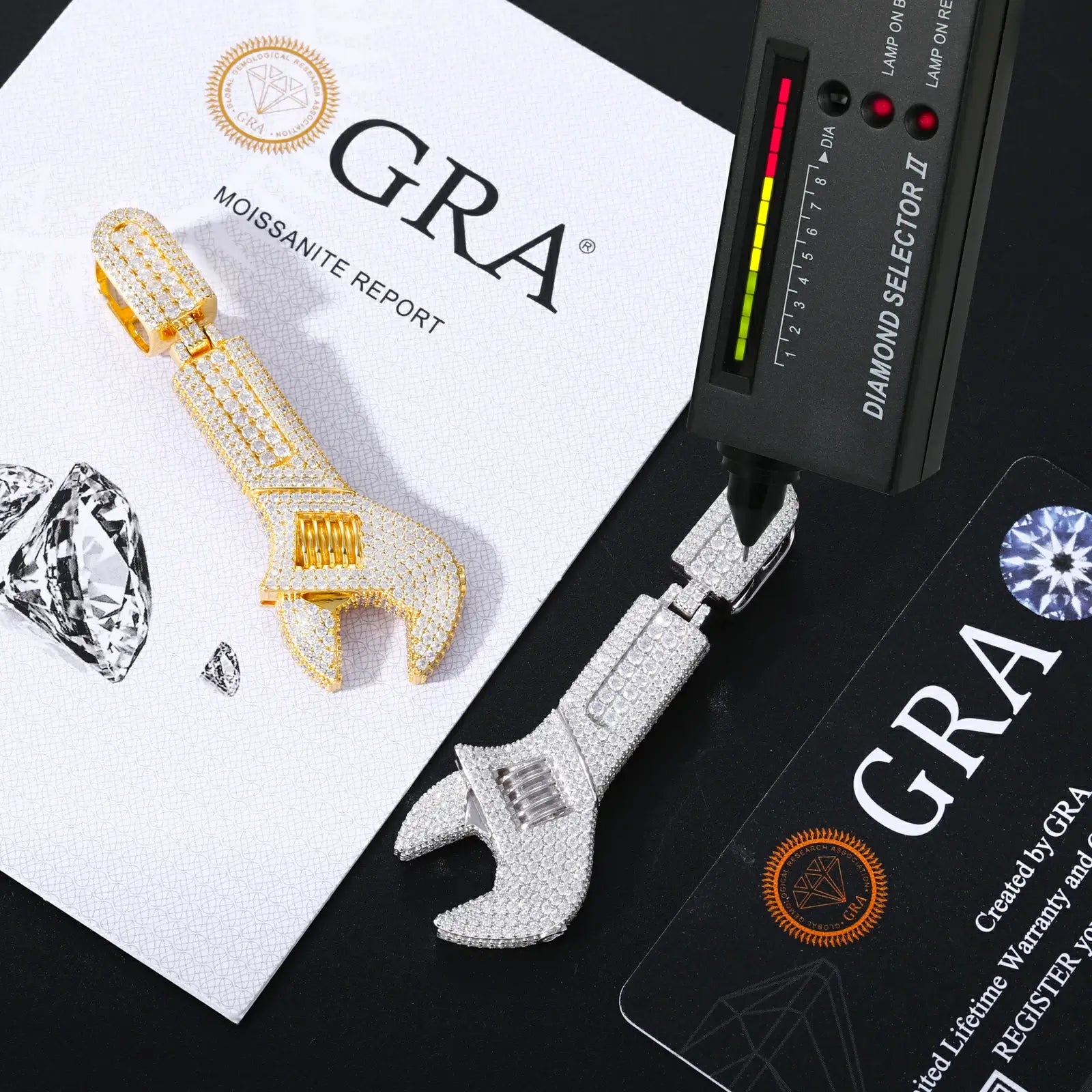 Gold & silver 925 sterling silver moissanite wrench pendants with GRA certificate & diamond tester — certified moissanite, 925 silver authenticity, industrial hip-hop design