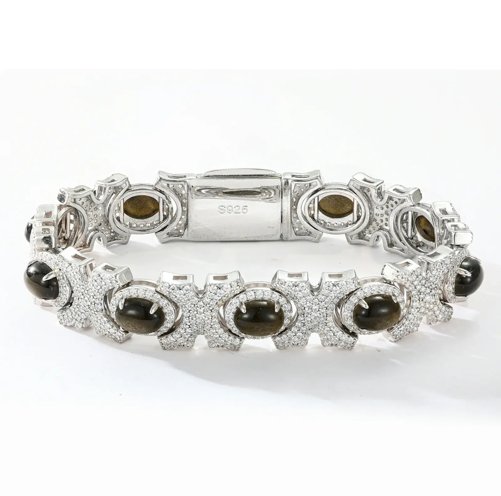 13mm S925 Moissanite Oval Natural Obsidian X Link Bracelet