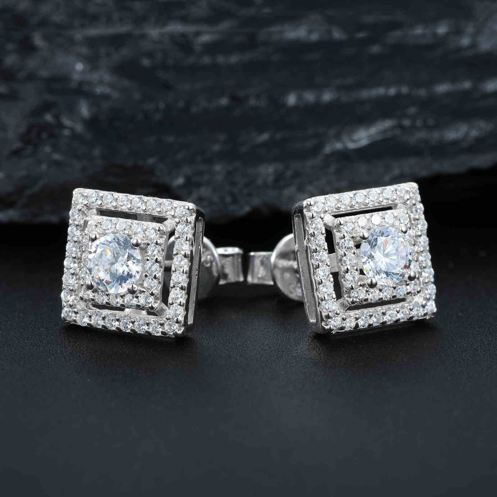 S925 Moissanite Hollow 2 Layers Square Halo Earrings