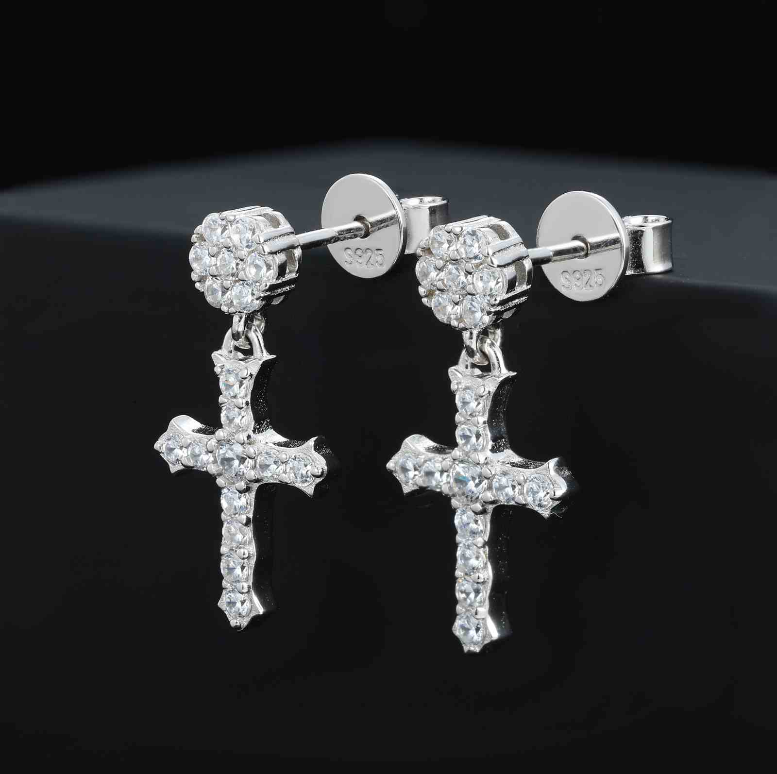 S925 Moissanite Cross Drop Earrings With Flower Stud