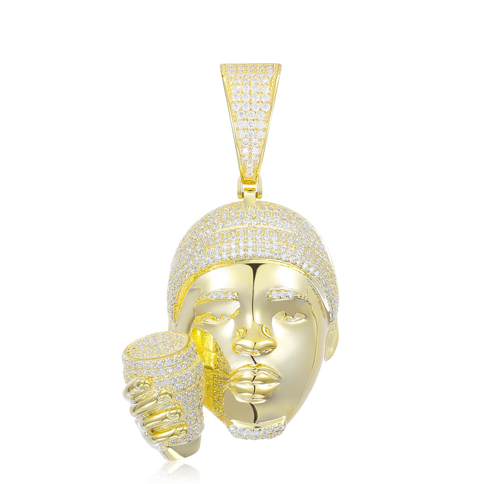 Glossy gold rapper head cup on white backdrop - Hypoallergenic celebration pendant with diamond-grade fire