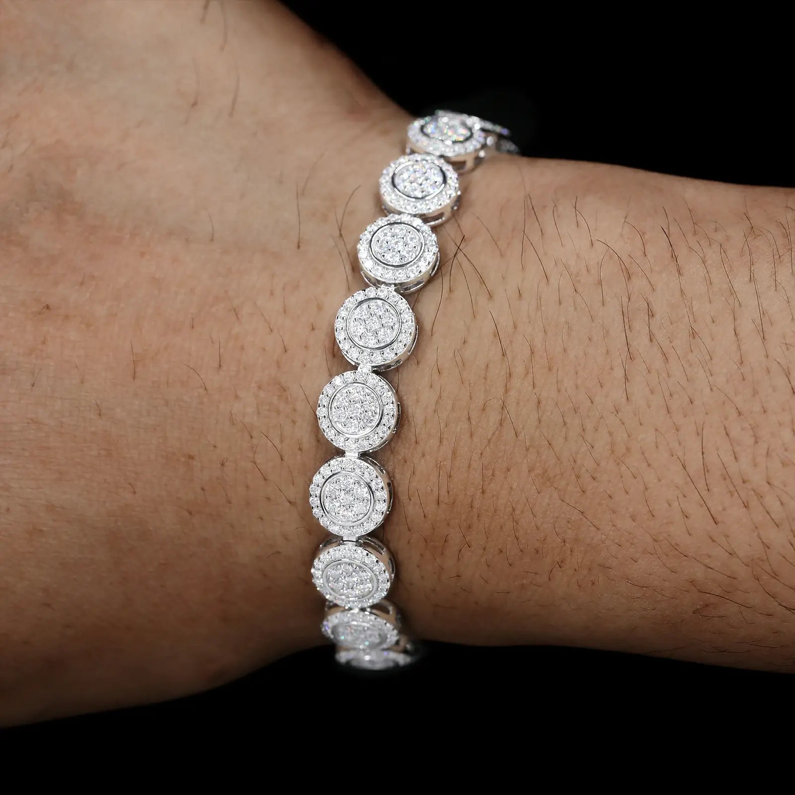 Male model rocking 9mm white gold 925 sterling silver moissanite concentric circles link bracelet — waterproof, diamond-like sparkle accessory