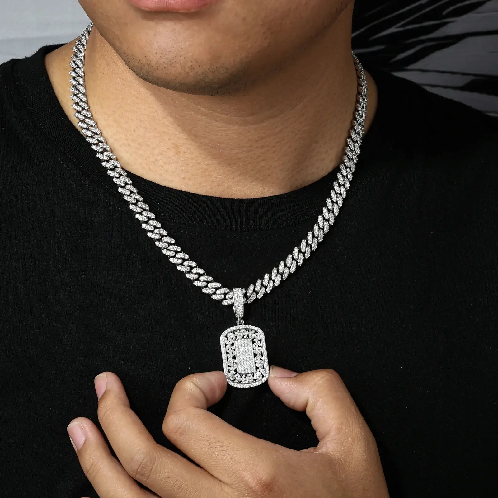 Male-Model-Wearing-925-Silver-Moissanite-US-Dollar-Pendant-White-Gold-With-White-Cuban-Chain