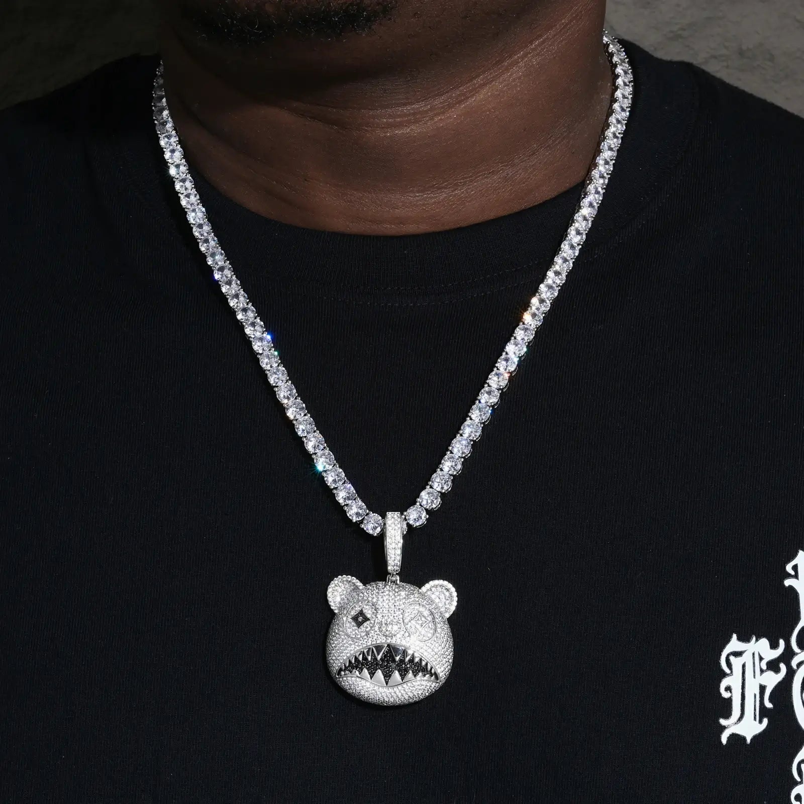 Male model wearing white gold 925 sterling silver moissanite hungry bear pendant with Cuban link — hypoallergenic, diamond-like sparkle streetwear jewelry