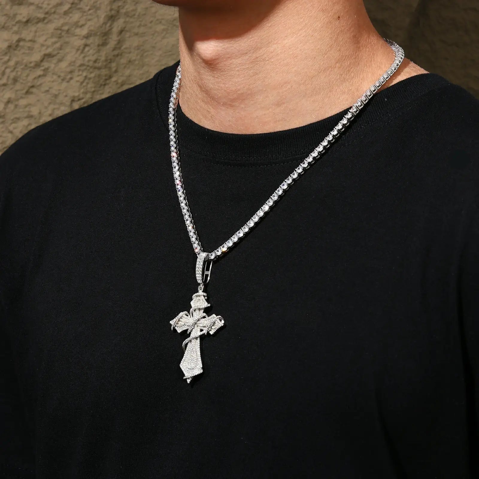 Male model wearing white gold 925 sterling silver moissanite thorns cross pendant with tennis chain — moissanite sparkle, thorns cross design, hypoallergenic 925 silver
