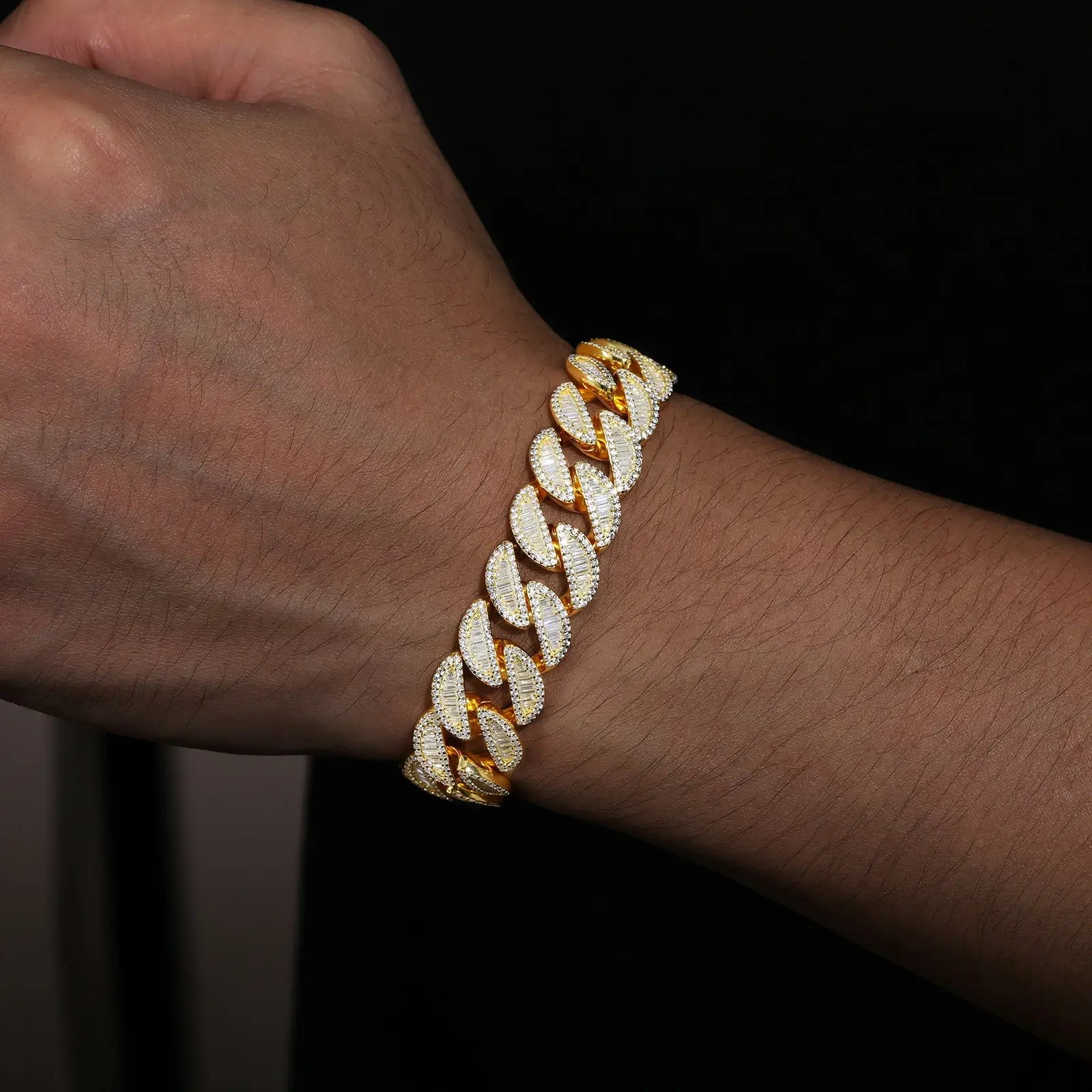 Male model styling 15mm yellow gold 925 silver baguette moissanite Cuban link bracelet — waterproof, bold 15mm width for trendsetting looks