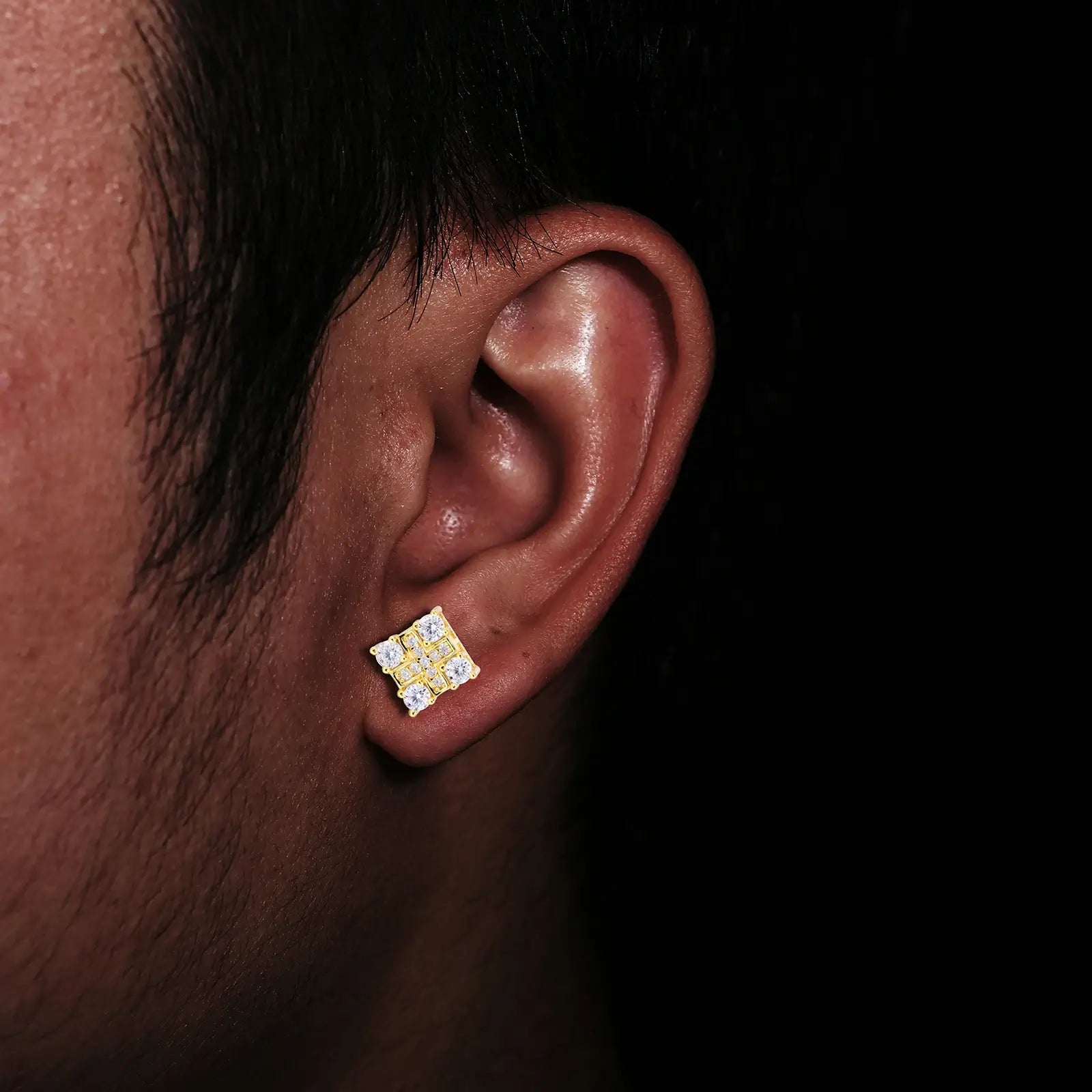 Model wearing gold 925 sterling silver moissanite cross square stud earrings — showcases everyday wearability, moissanite sparkle, hypoallergenic 925 silver