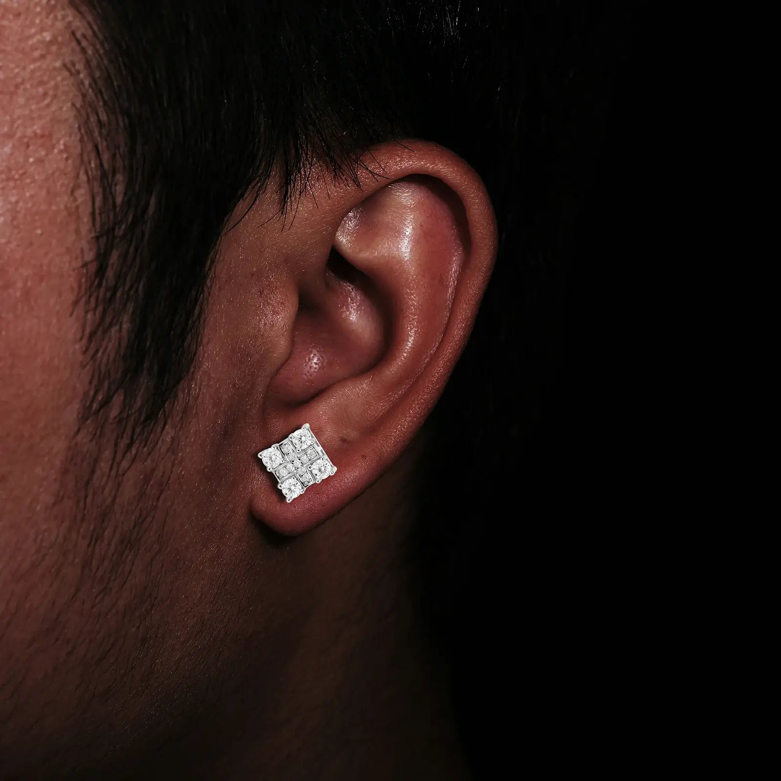 Model wearing silver 925 sterling silver moissanite cross square stud earrings — highlights classic silver finish, moissanite brilliance, 925 silver durability