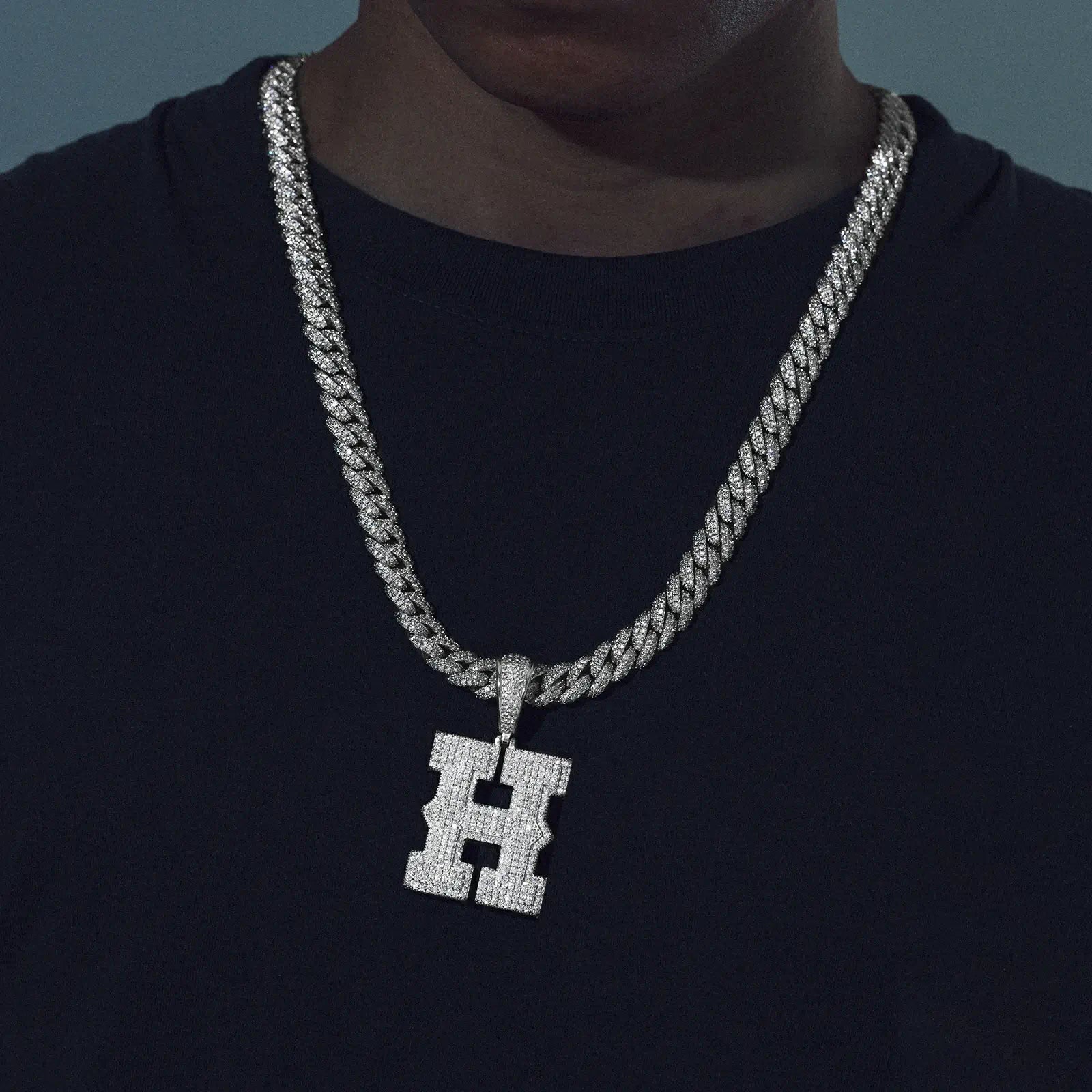 White Gold Moissanite Spine Initial Letter H Pendant