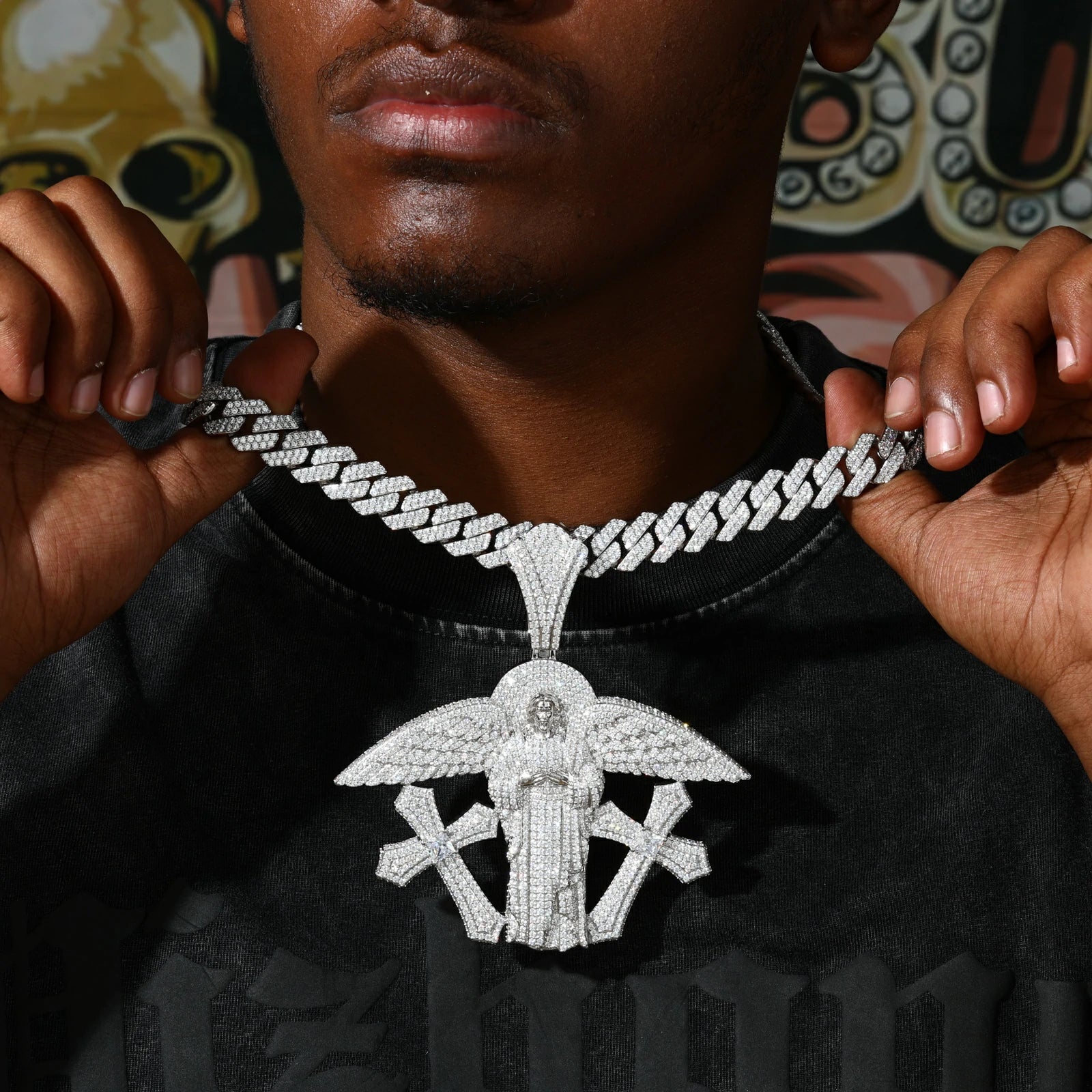Oversized Buss Down Jesus Pendant | Angel Wings Double Cross