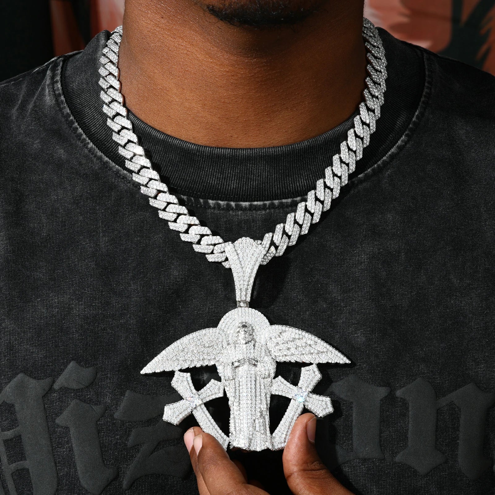Oversized Buss Down Jesus Pendant | Angel Wings Double Cross