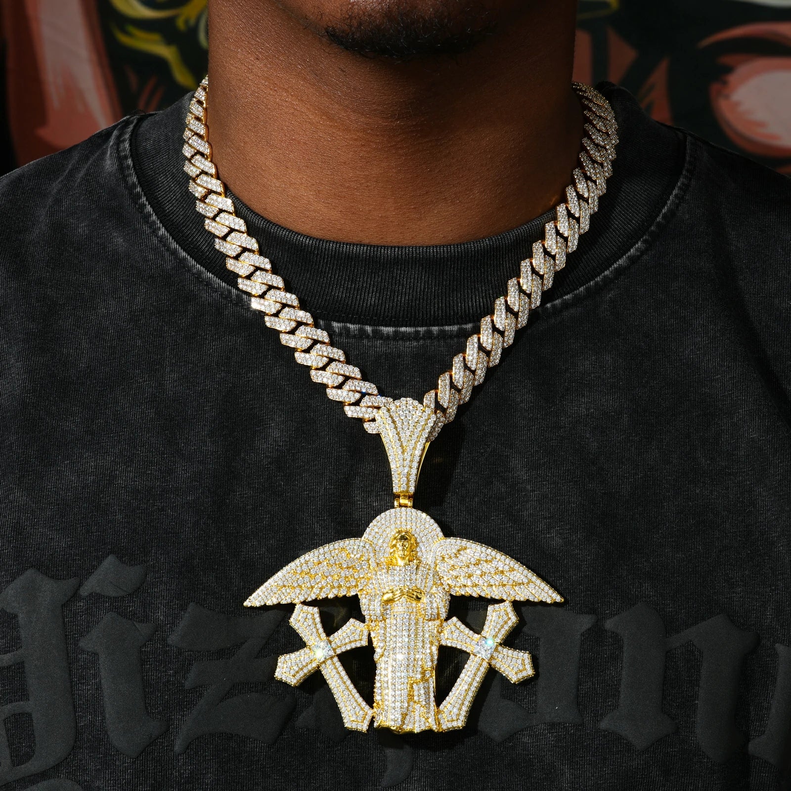 Oversized Buss Down Jesus Pendant | Angel Wings Double Cross