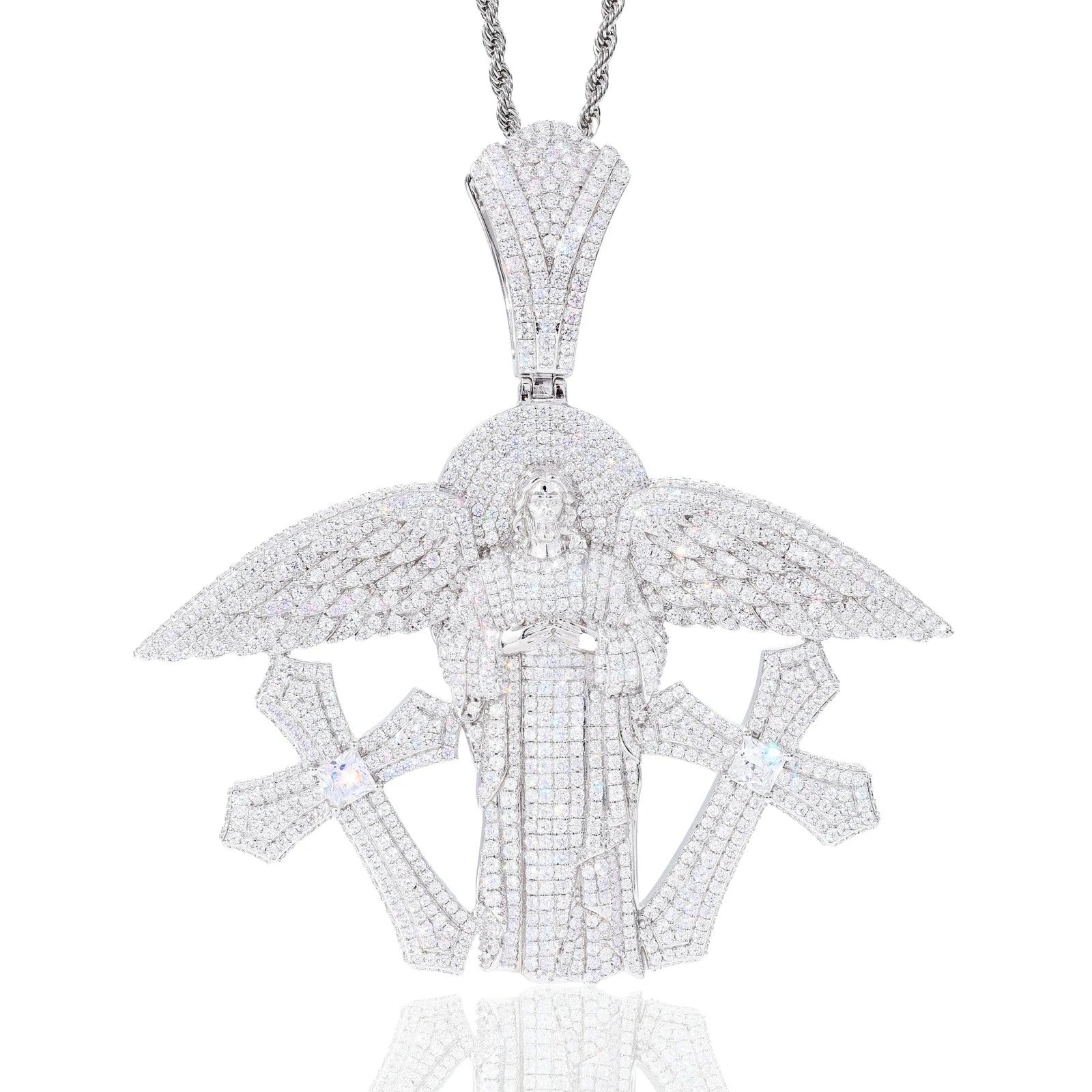Oversized Buss Down Jesus Pendant | Angel Wings Double Cross