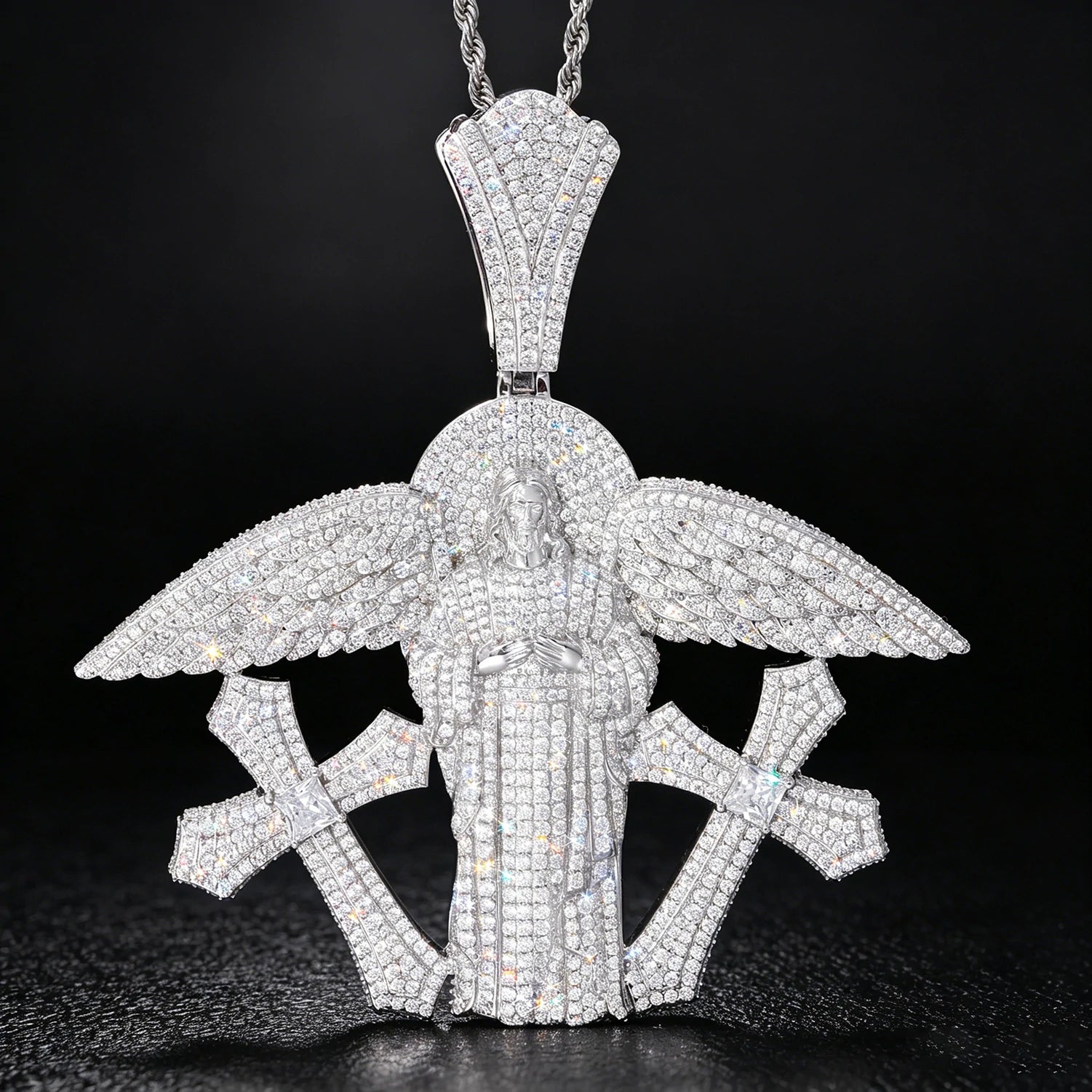Oversized Buss Down Jesus Pendant | Angel Wings Double Cross