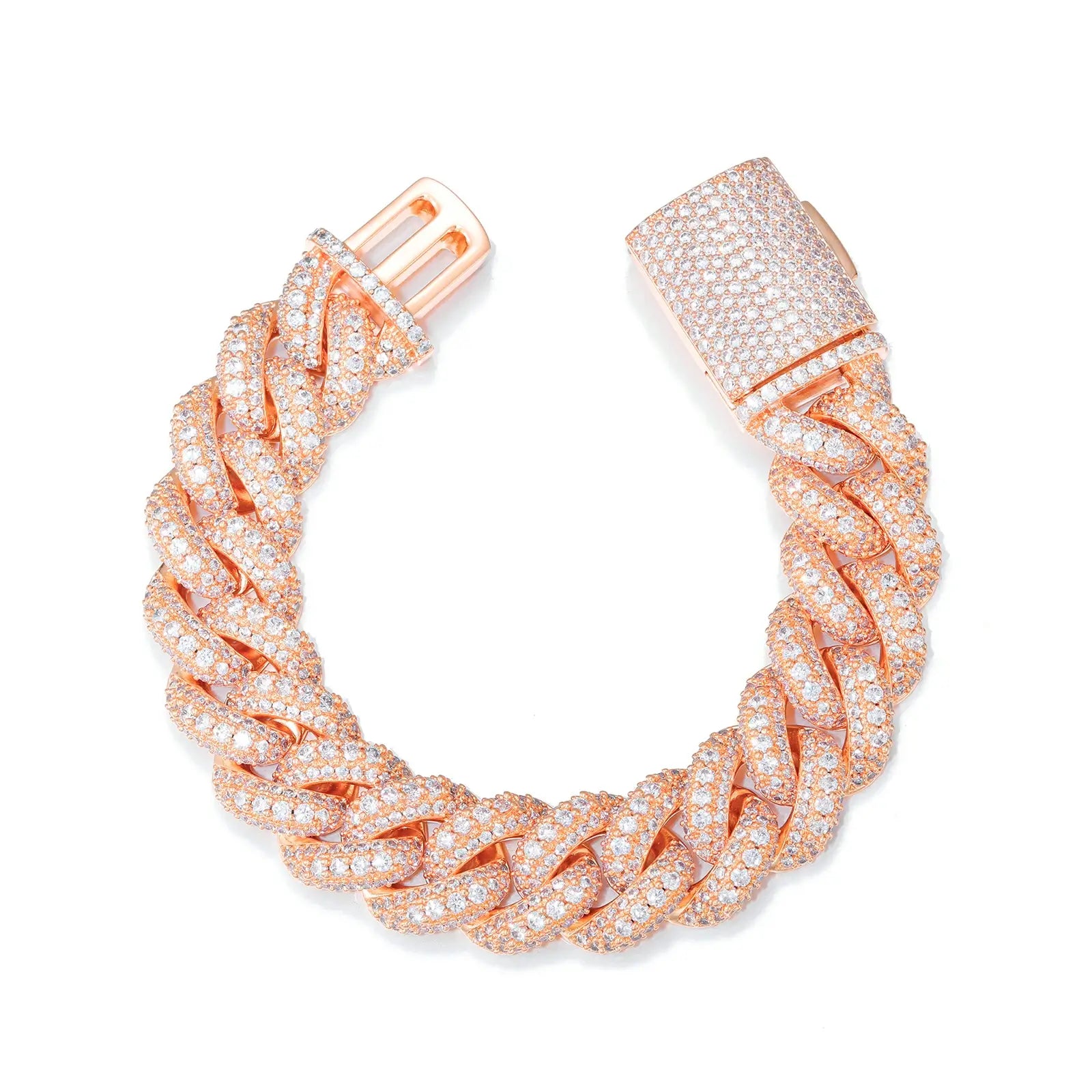 Rose gold 18mm 925 sterling silver 3 rows moissanite bubble Cuban link bracelet on white background — unique rose gold finish, 3-row bubble detail, moissanite sparkle, Cuban link luxury