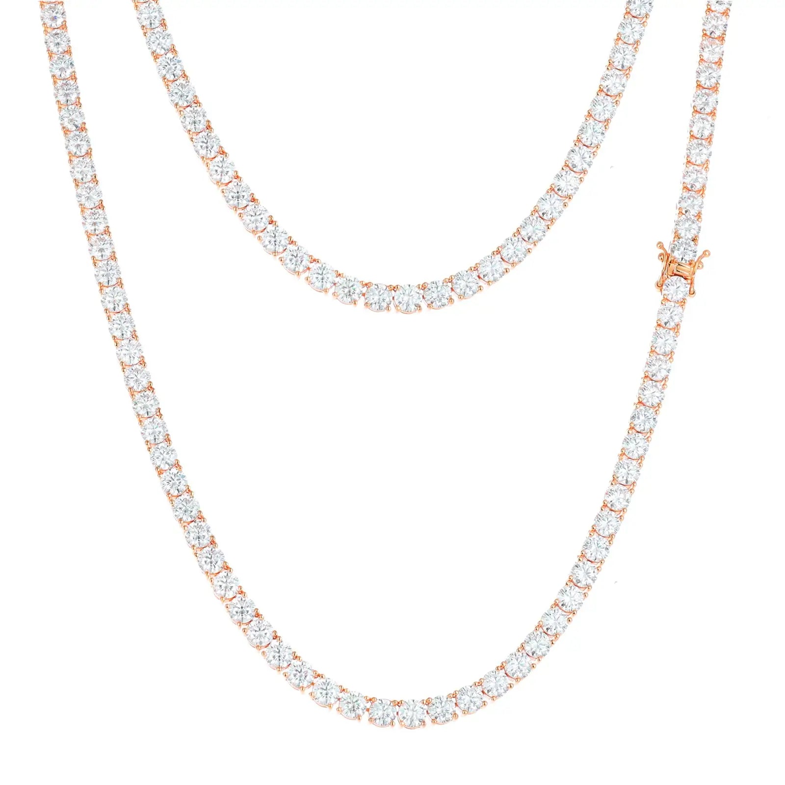Rose gold 925 sterling silver cluster moissanite tennis chain double layer on white background — highlights rare color option, cluster design, diamond-like moissanite, 925 silver durability