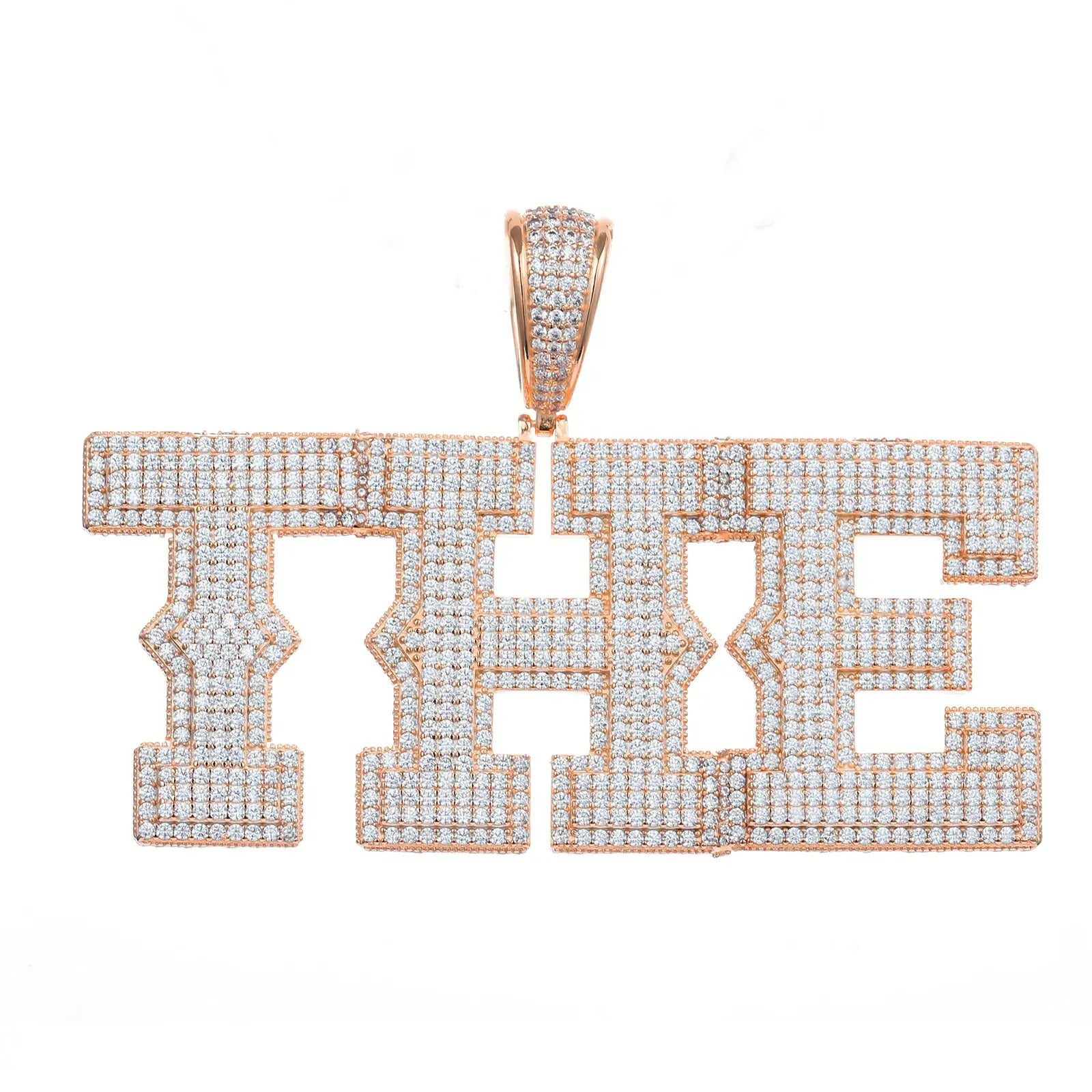 Rose gold 925 sterling silver moissanite custom spine letter name pendant on white background — trendy rose gold finish, moissanite brilliance, 925 silver durability, personalized hip-hop pendant
