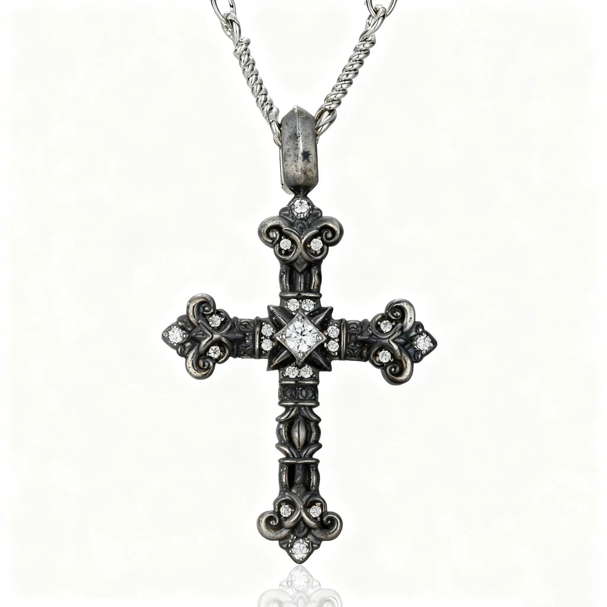 S925 moissanite flame cross pendant with vintage finish, solo display on white background, retro religious luxury jewelry