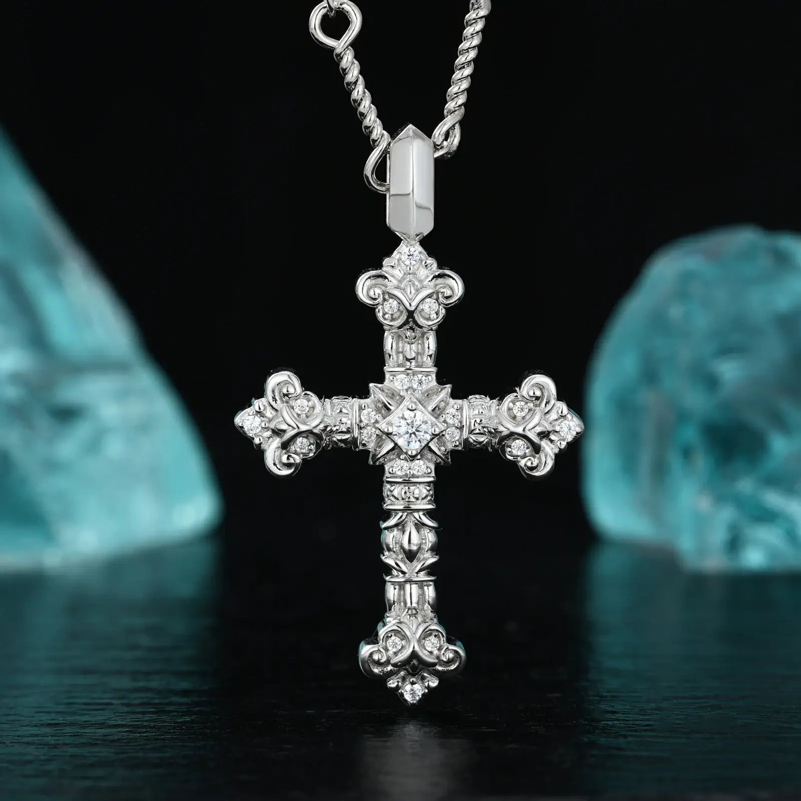 S925 moissanite flame cross pendant in white gold, hanging display on black background, luxury diamond alternative religious jewelry