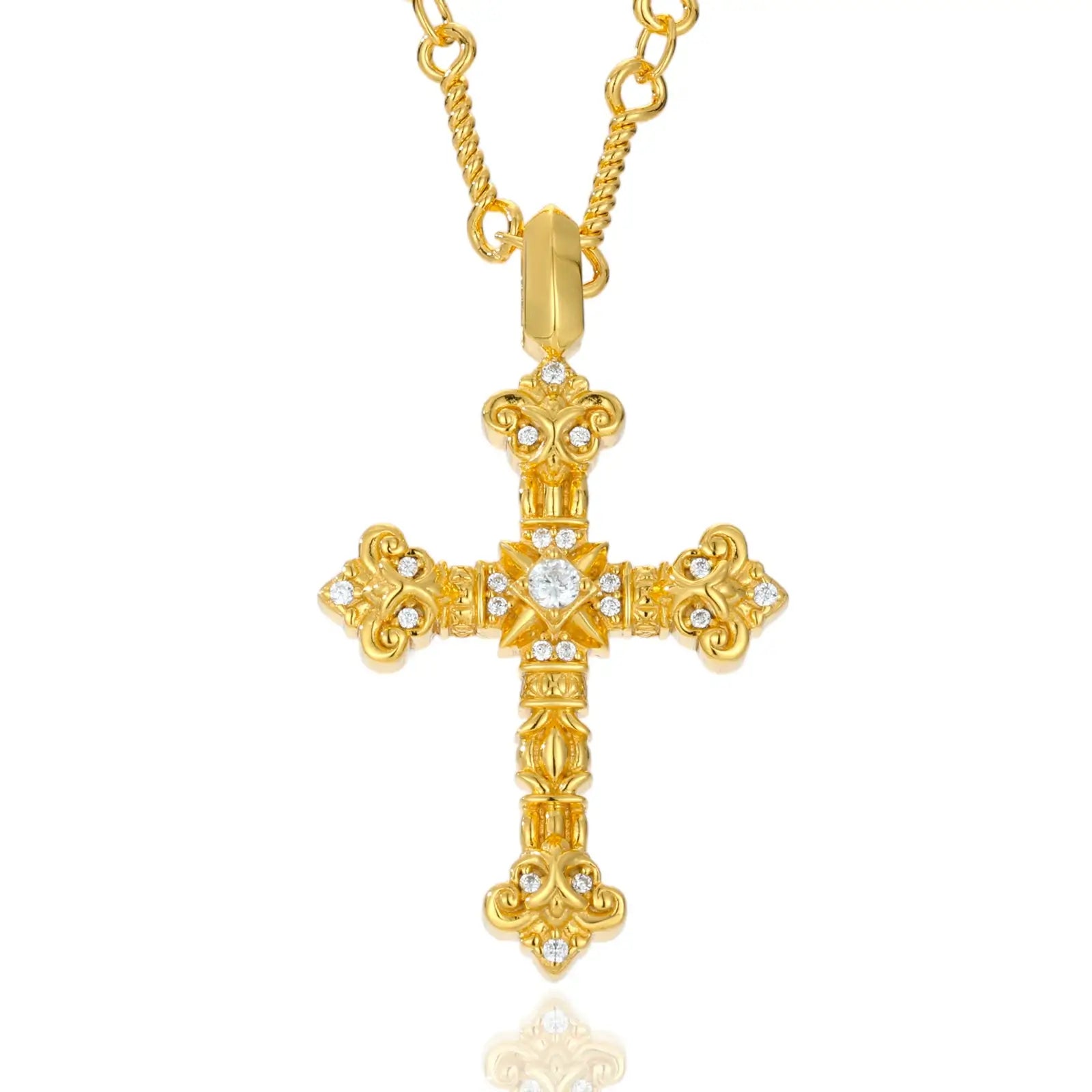 High-resolution image of S925 moissanite flame cross pendant (yellow gold) on white background, luxury faith jewelry for gifting