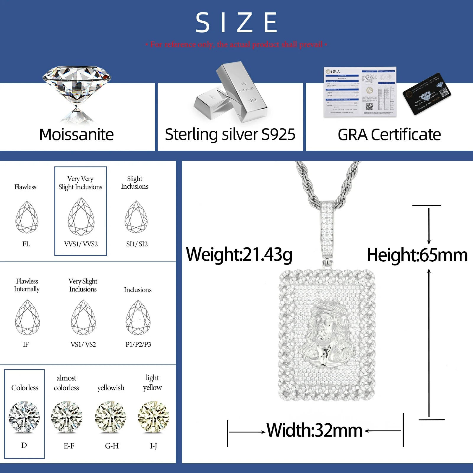 S925 Moissanite Jesus Head Dog Tag Pendant