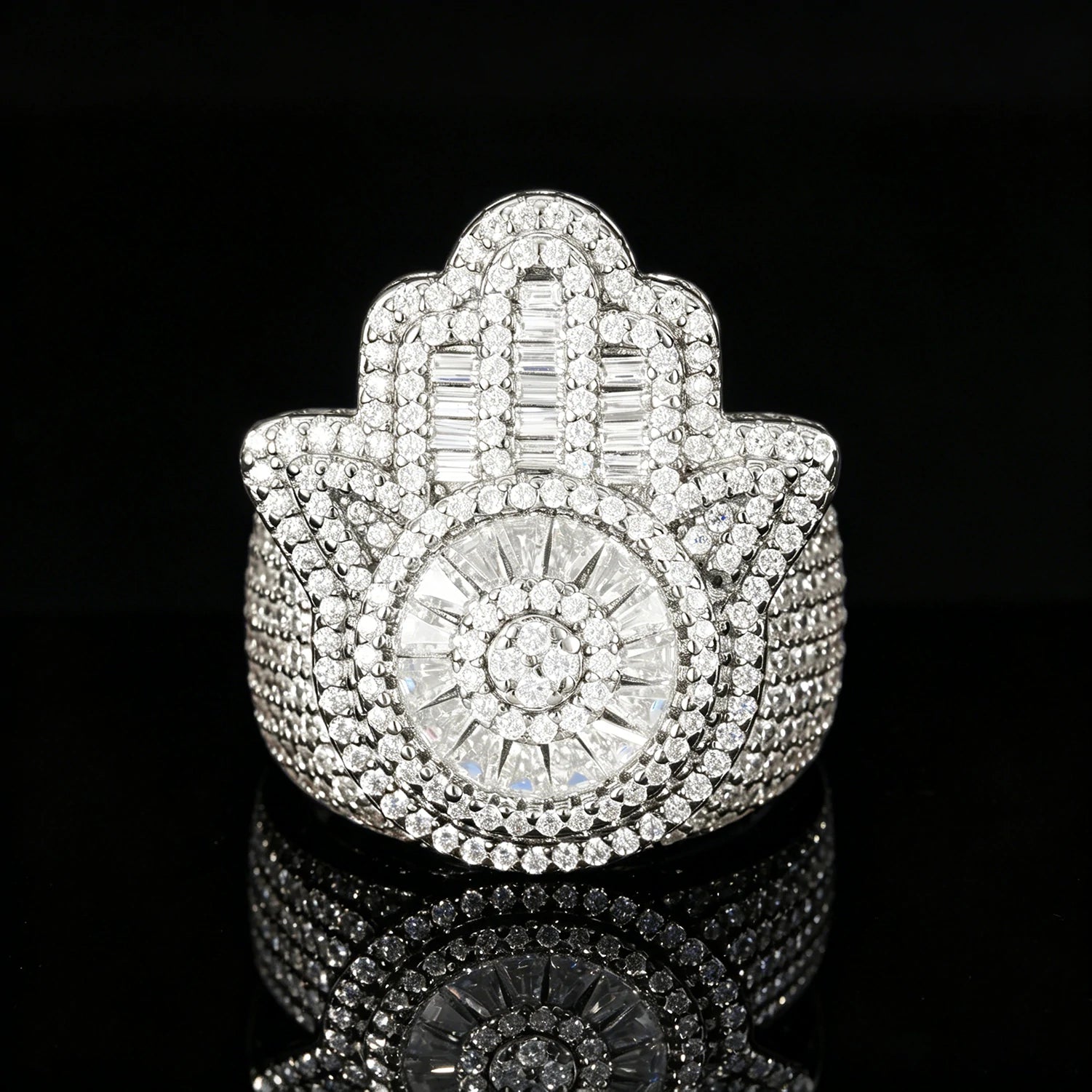 S925 Baguette Moissanite Hamsa Hand Ring