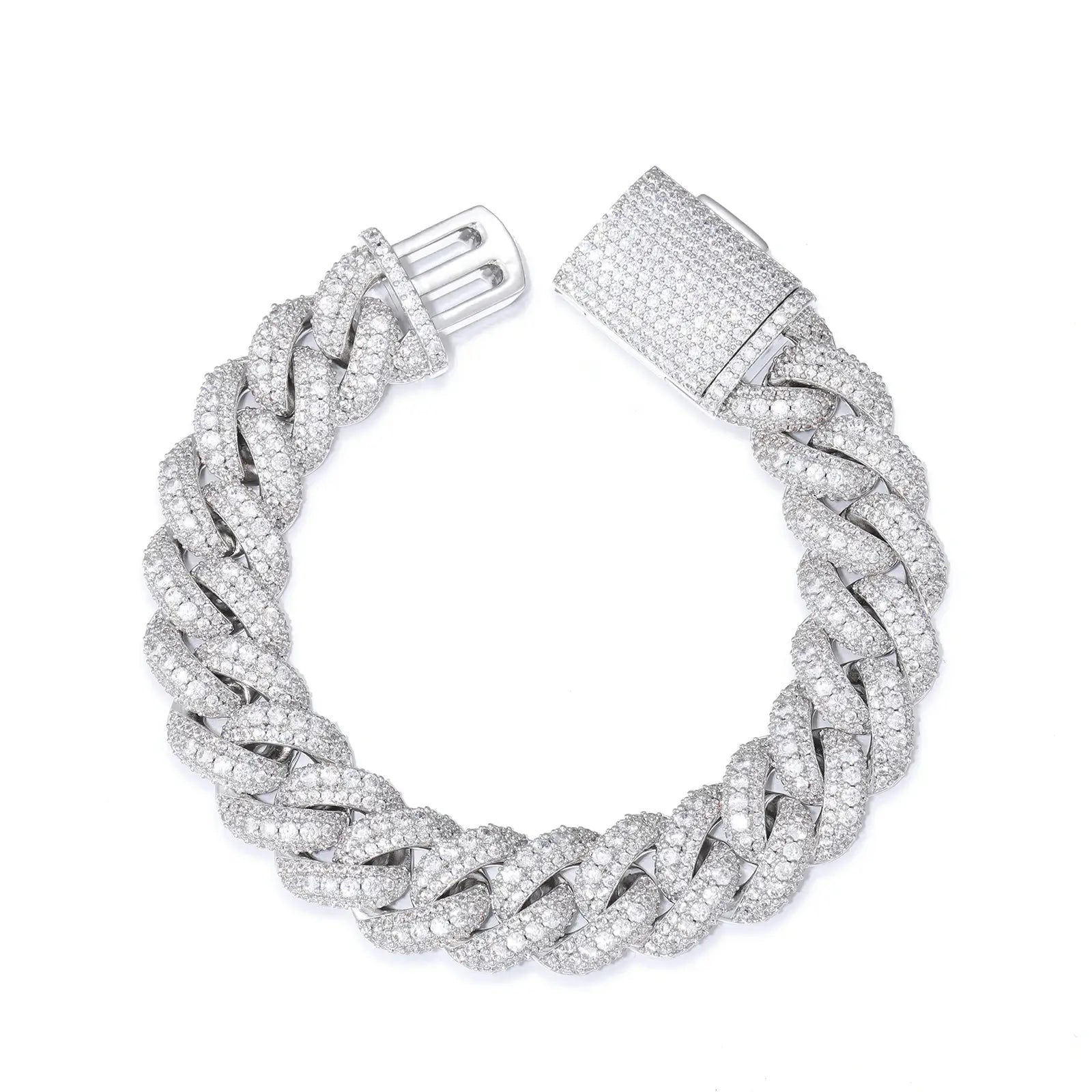 Silver 18mm 925 sterling silver 3 rows moissanite bubble Cuban link bracelet on white background — emphasizes 3-row bubble structure, diamond-esque moissanite, hypoallergenic 925 silver, Cuban link legacy