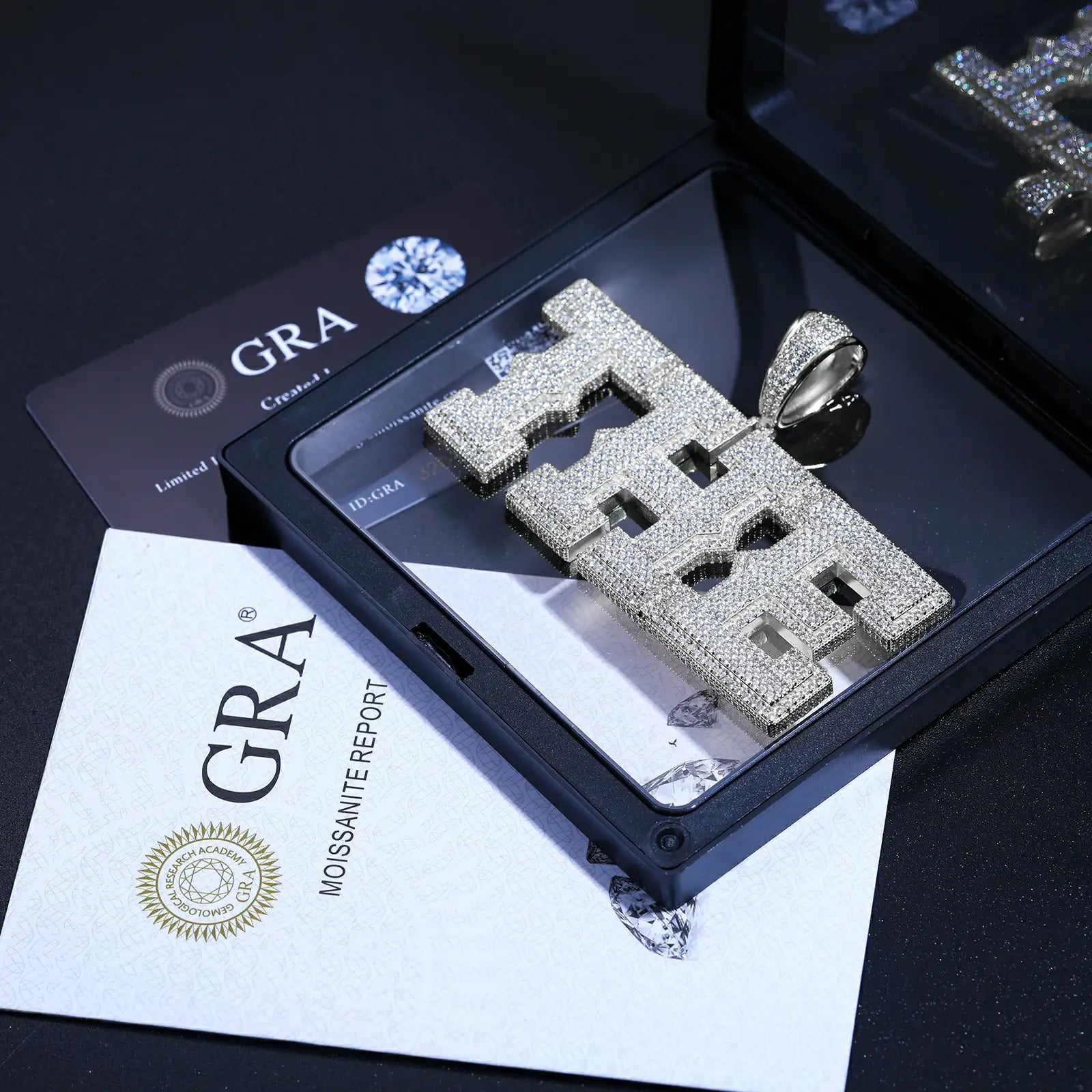 Silver 925 sterling silver moissanite custom spine letter name pendant with GRA certificate — certified moissanite, 925 silver authenticity, personalized hip-hop jewelry