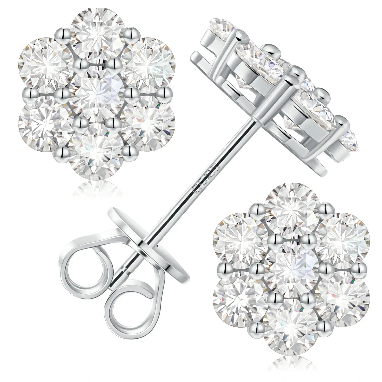 Silver 925 sterling silver floral radiance 7-stone stud earrings detail on white background — showcases floral craftsmanship, moissanite detailing, hypoallergenic 925 silver