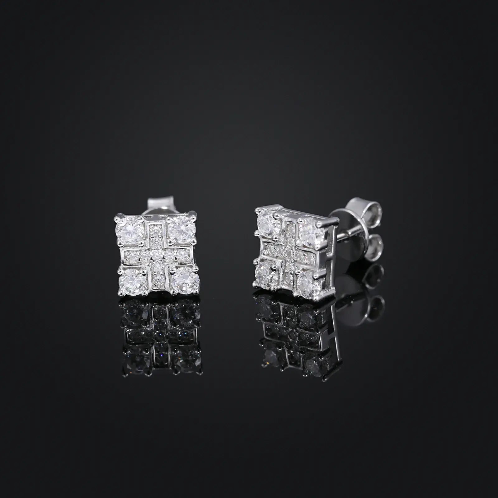 Silver 925 sterling silver moissanite cross square stud earrings detail on black background — emphasizes cross square structure, diamond-like moissanite, hypoallergenic 925 silver