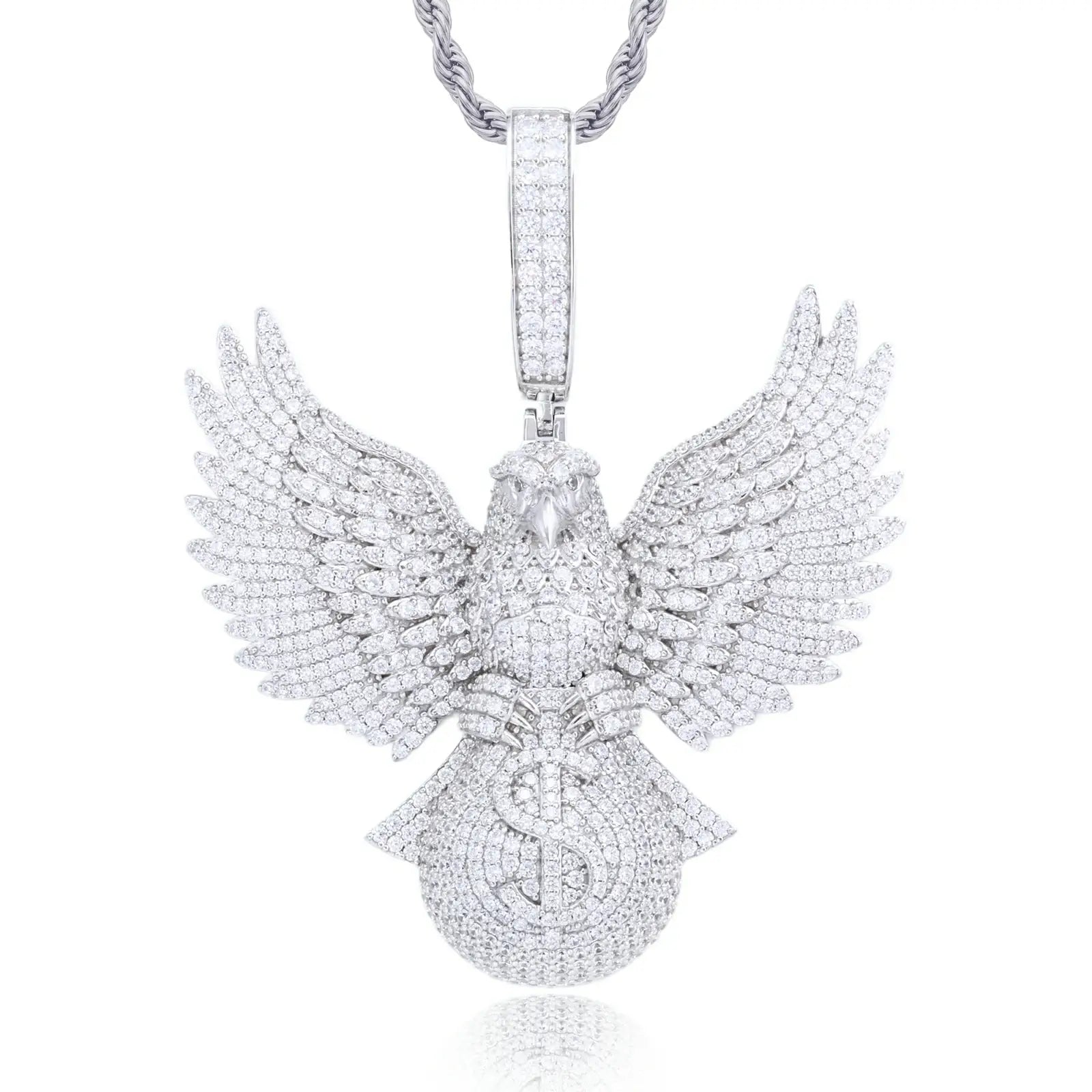 Silver 925 sterling silver moissanite bald eagle grabs money bag pendant — iced-out moissanite sparkle, hypoallergenic 925 silver, hip-hop wealth symbolism, luxury street jewelry