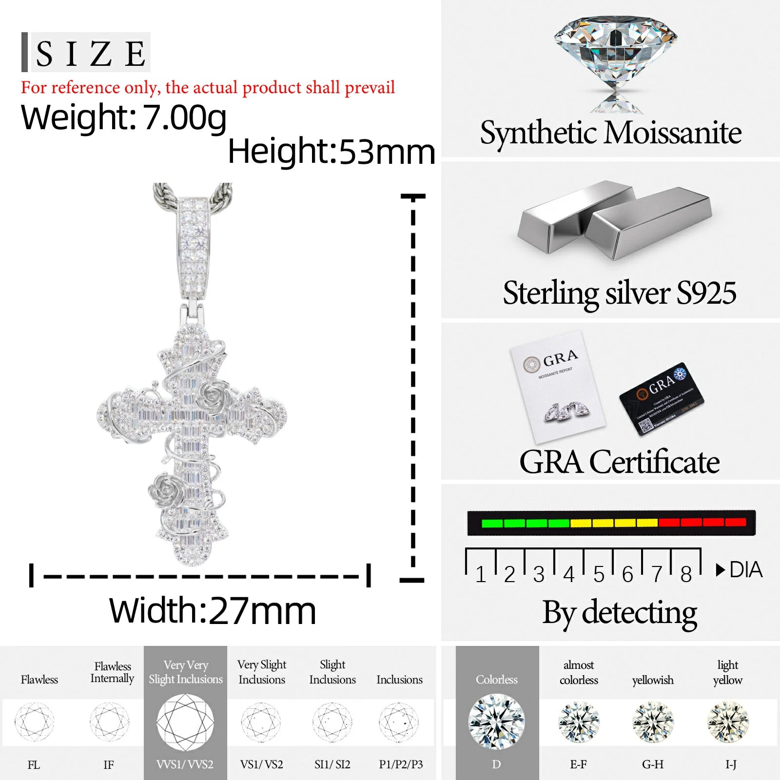 S925 Baguette Moissanite Rose Cross Pendant