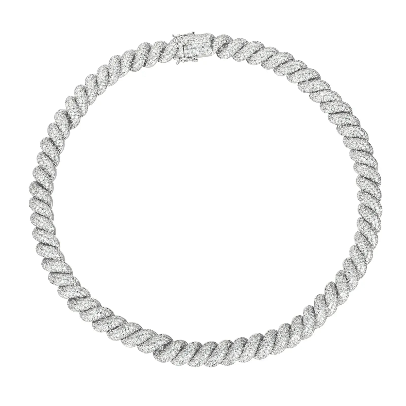 White gold 12mm 925 sterling silver moissanite hemp rope chain full display on white background — minimalist view of 360° moissanite inlay, hemp rope structure, 925 silver luster