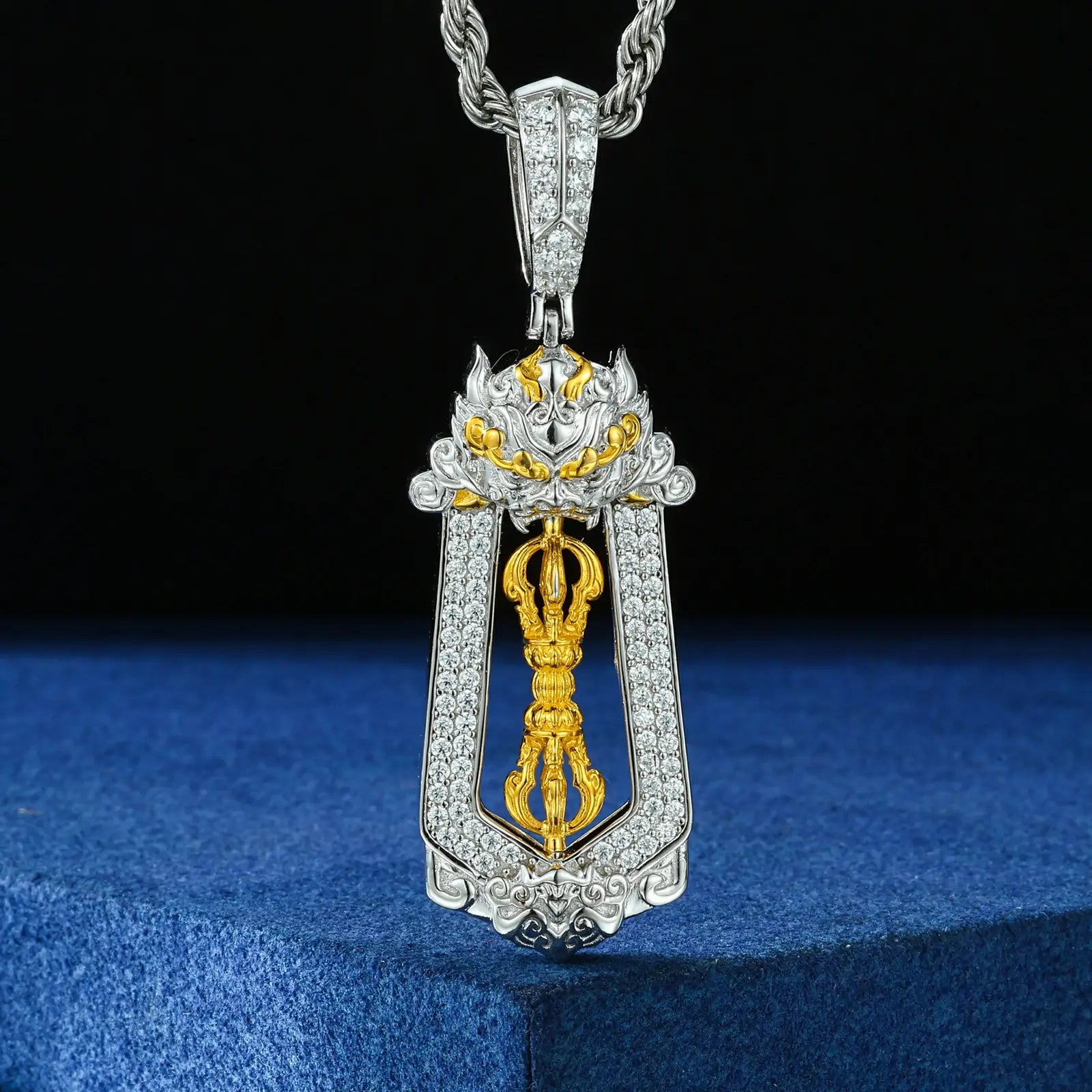 White gold 925 sterling silver moissanite brave troops vajra pendant hanging on blue table — showcasing vajra design, moissanite brilliance, 925 silver craftsmanship