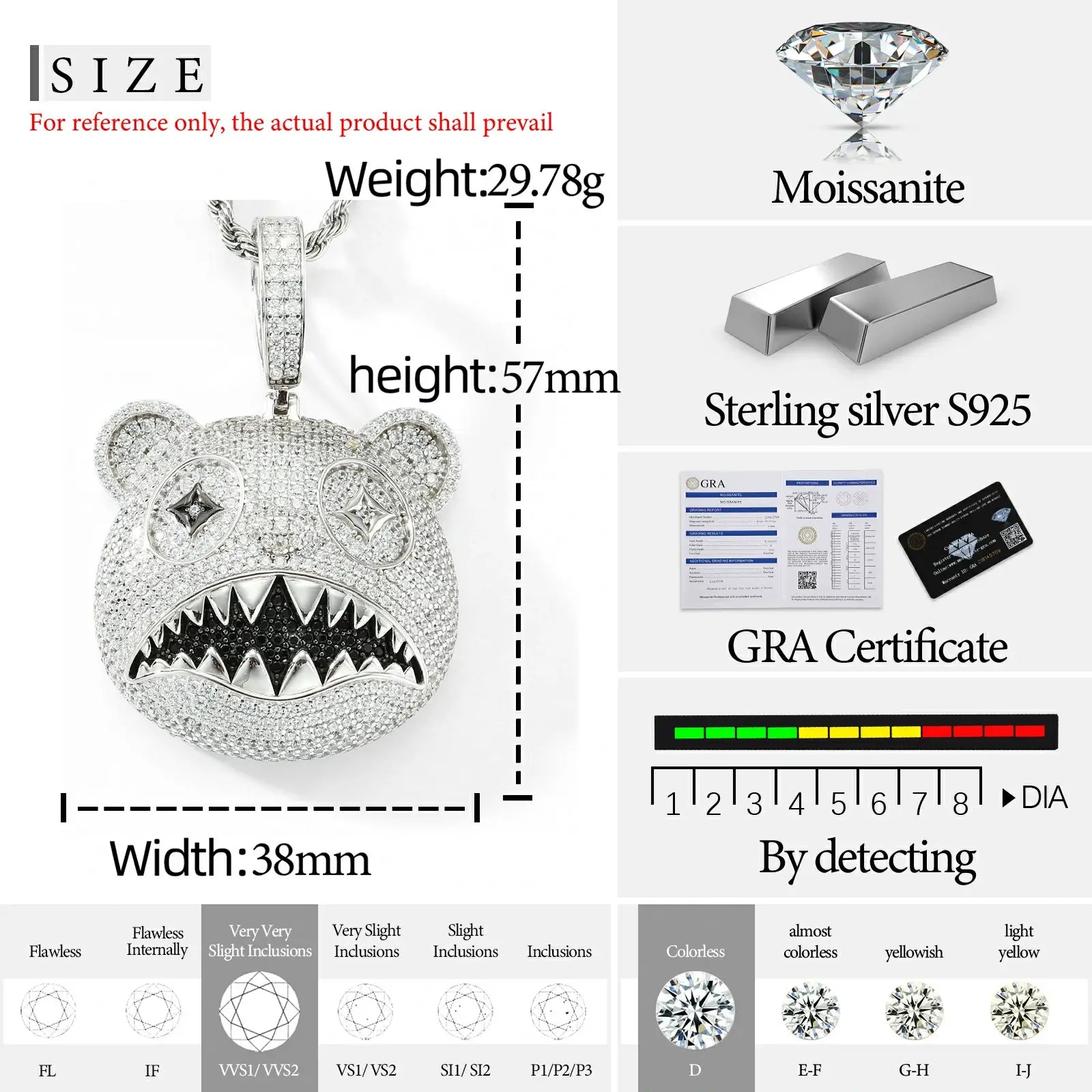 Size chart for white gold 925 sterling silver moissanite hungry bear pendant — width, weight, moissanite grade details