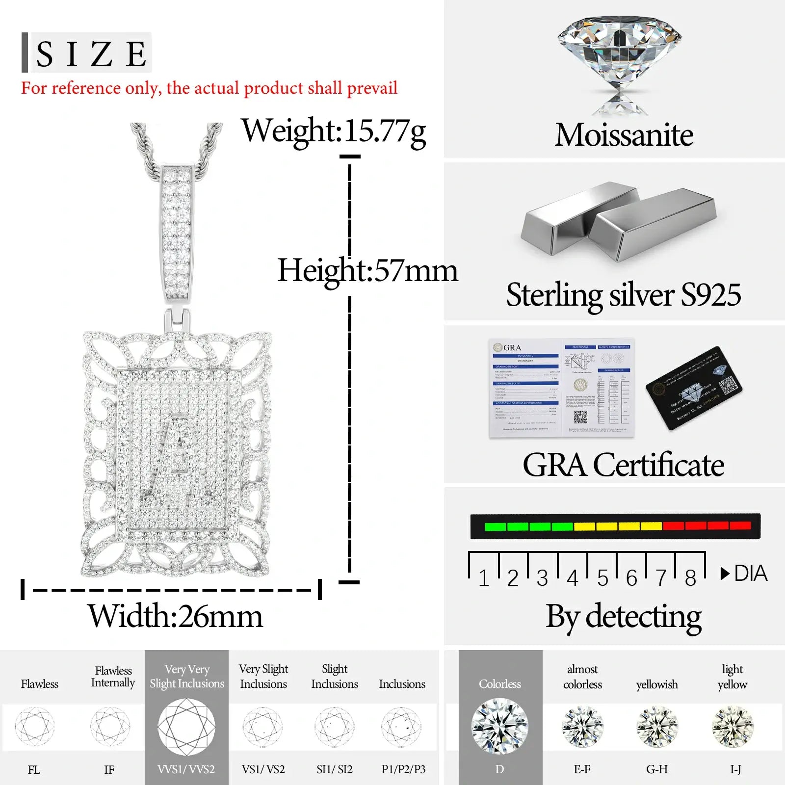 Size chart for white gold 925 sterling silver moissanite Letter A square dog tag pendant — includes width, weight, moissanite grade, hypoallergenic 925 silver specs