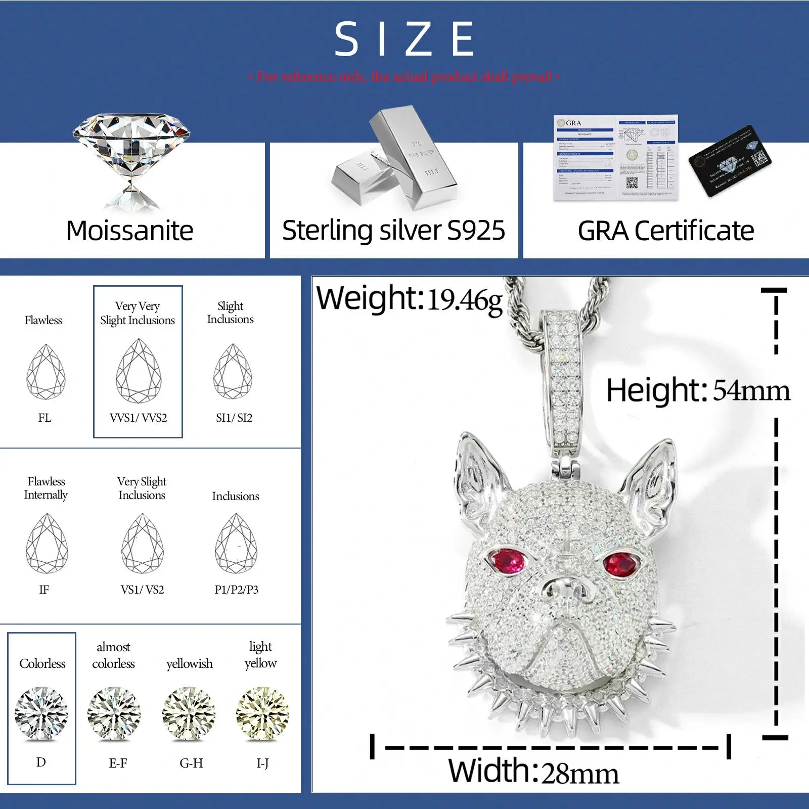 Size chart for white gold 925 sterling silver moissanite pitbull spike collar pendant — width, weight, moissanite grade details