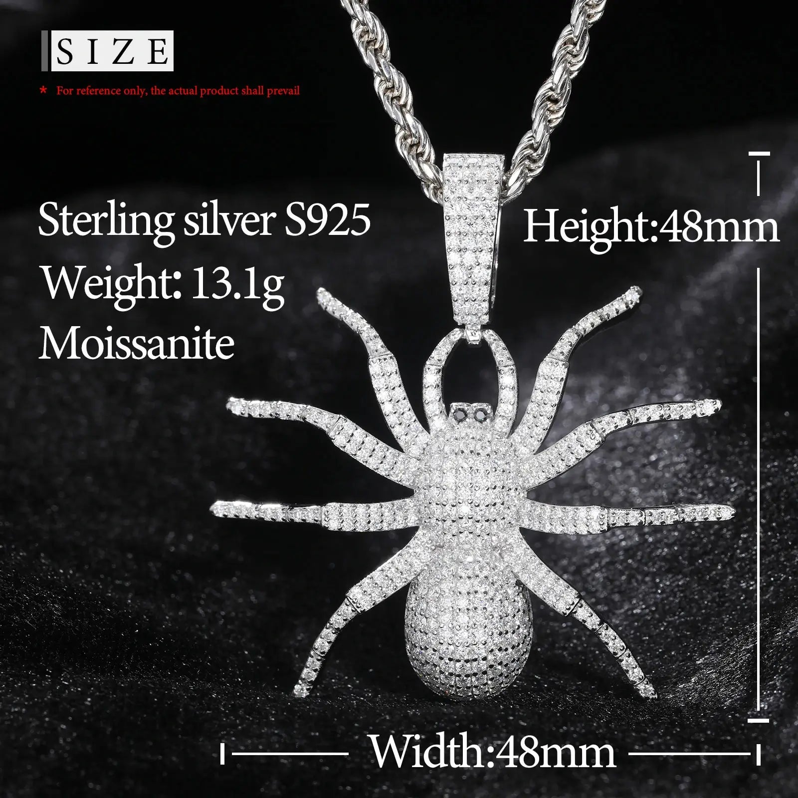 Size chart for white gold 925 sterling silver moissanite spider pendant — width, weight details, hypoallergenic 925 silver