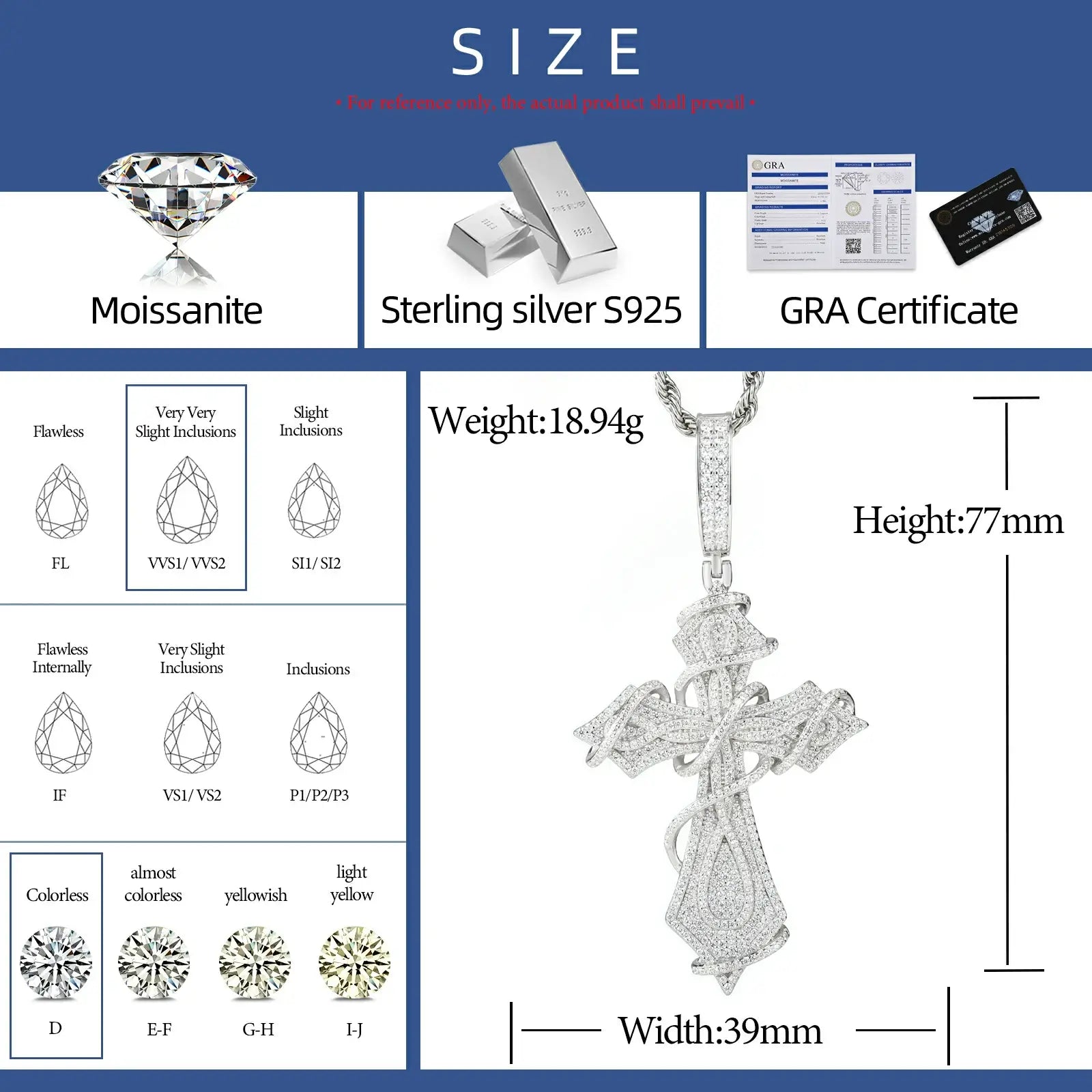 Size chart for white gold 925 sterling silver moissanite thorns cross pendant — width, weight, moissanite grade details, hypoallergenic 925 silver