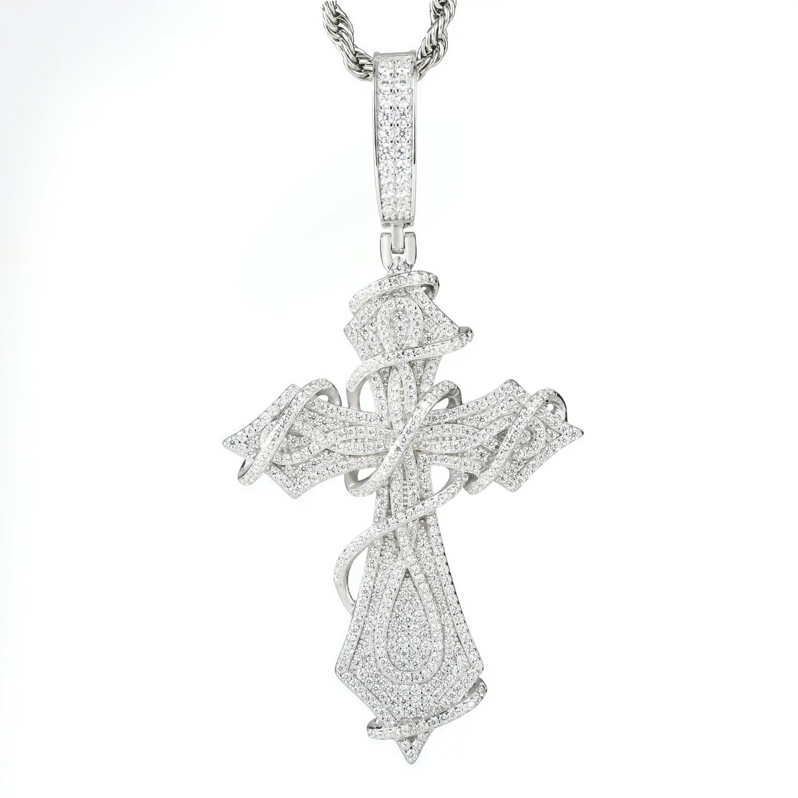 White gold 925 sterling silver moissanite thorns cross pendant on white background — minimalist display, moissanite sparkle, thorns cross design