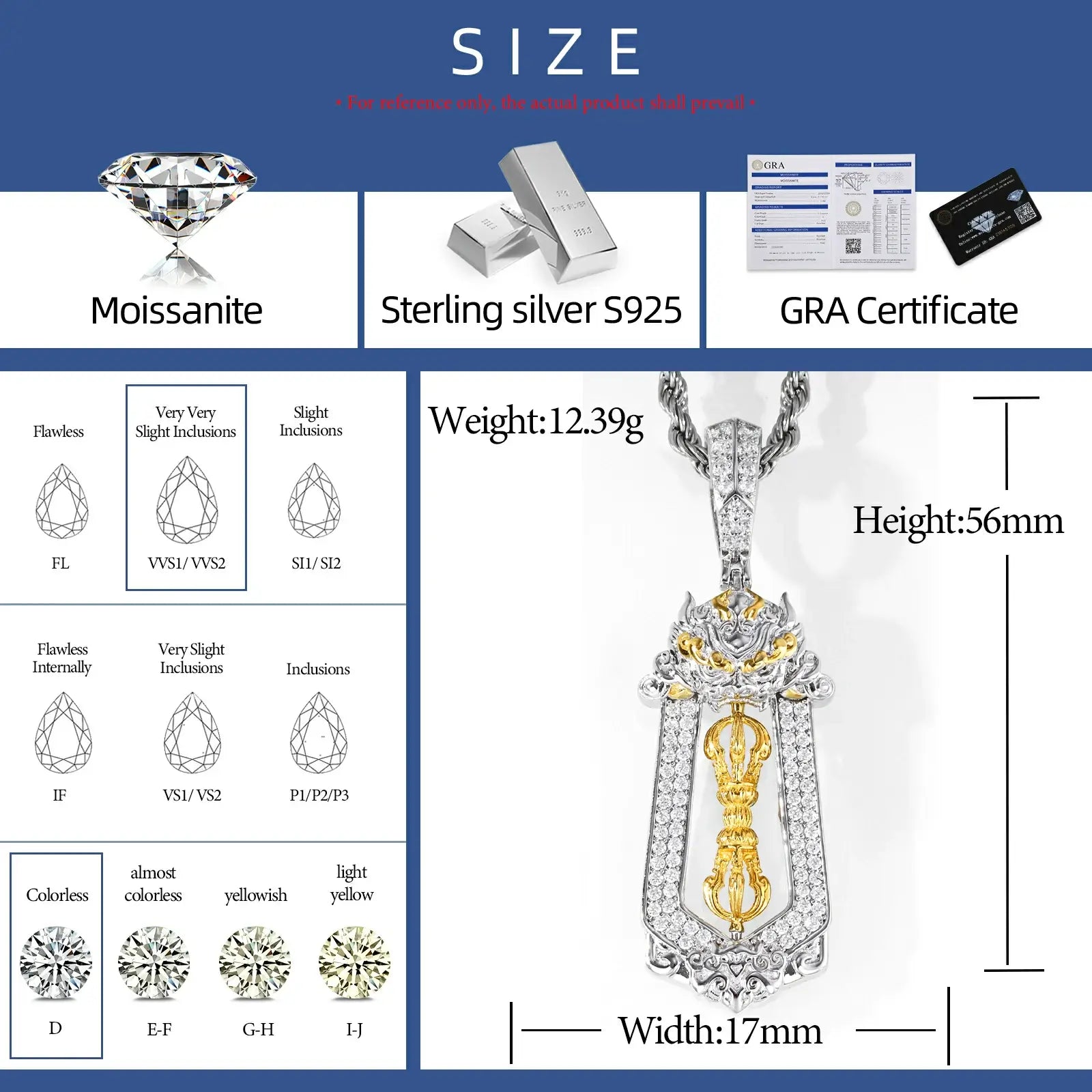 Size chart for white gold 925 sterling silver moissanite brave troops vajra pendant — width, weight, moissanite grade details, hypoallergenic 925 silver