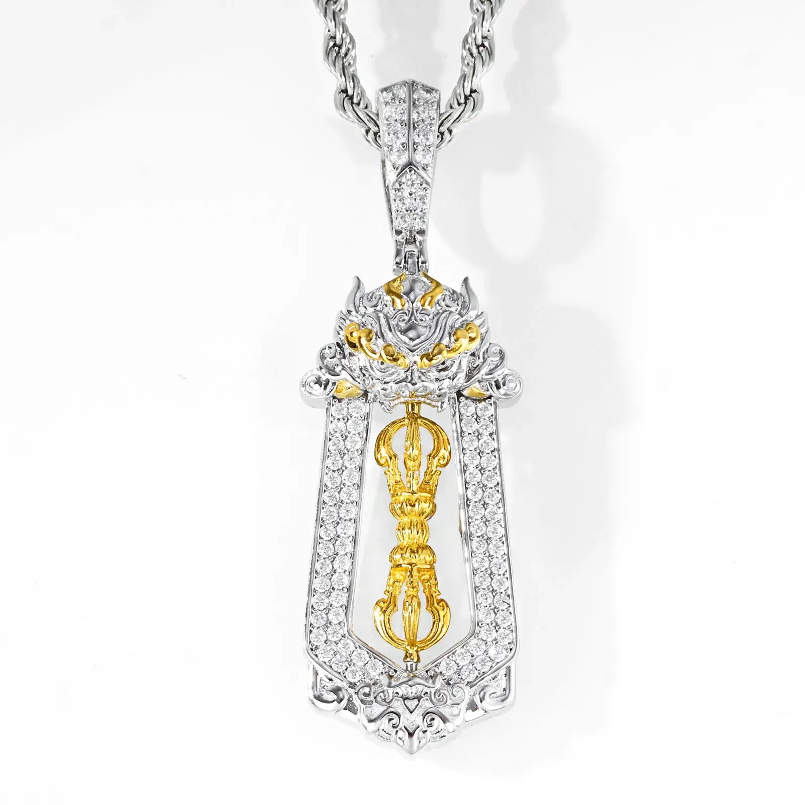 White gold 925 sterling silver moissanite brave troops vajra pendant on white background — minimalist display, moissanite sparkle, vajra design