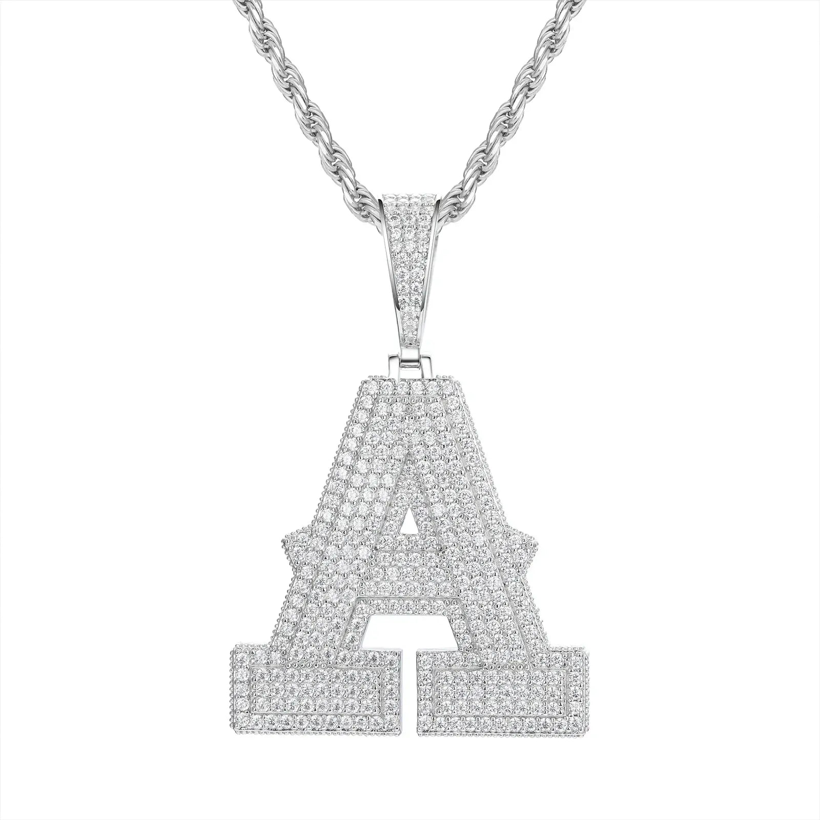 White gold A initial moissanite pendant on 925 sterling silver rope chain, white background — personalized bling jewelry